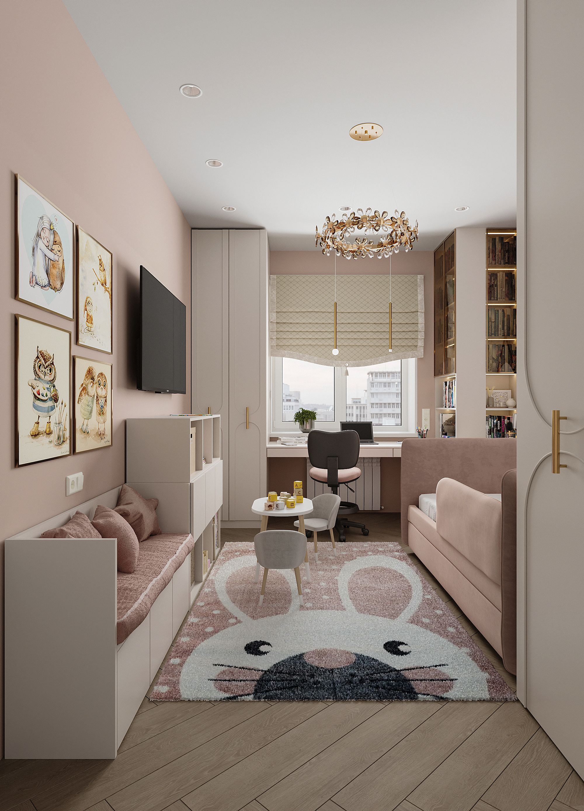 Детская для девочки в персиковых тонах. Современный стиль.