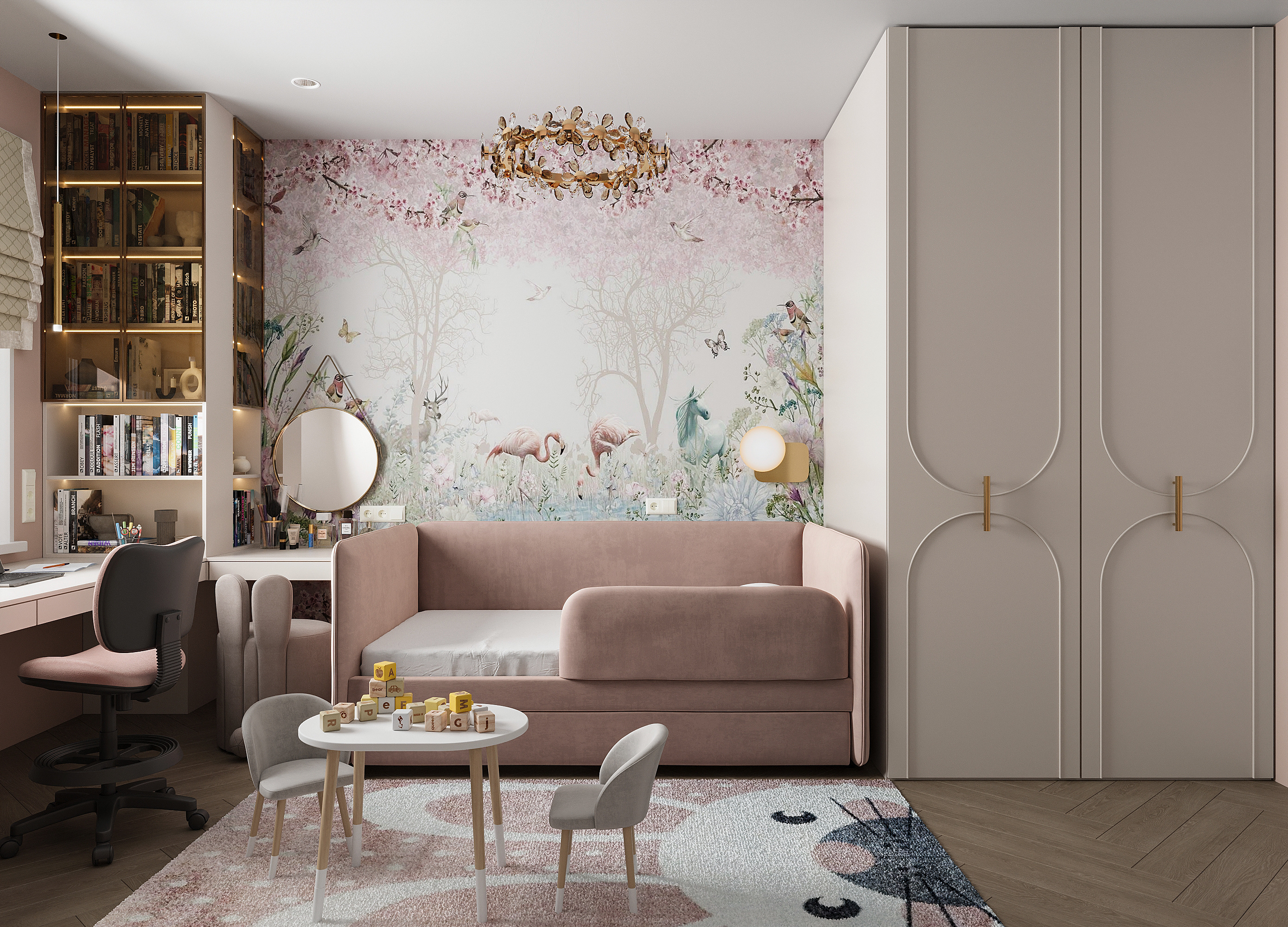 Детская для девочки в персиковых тонах. Современный стиль.