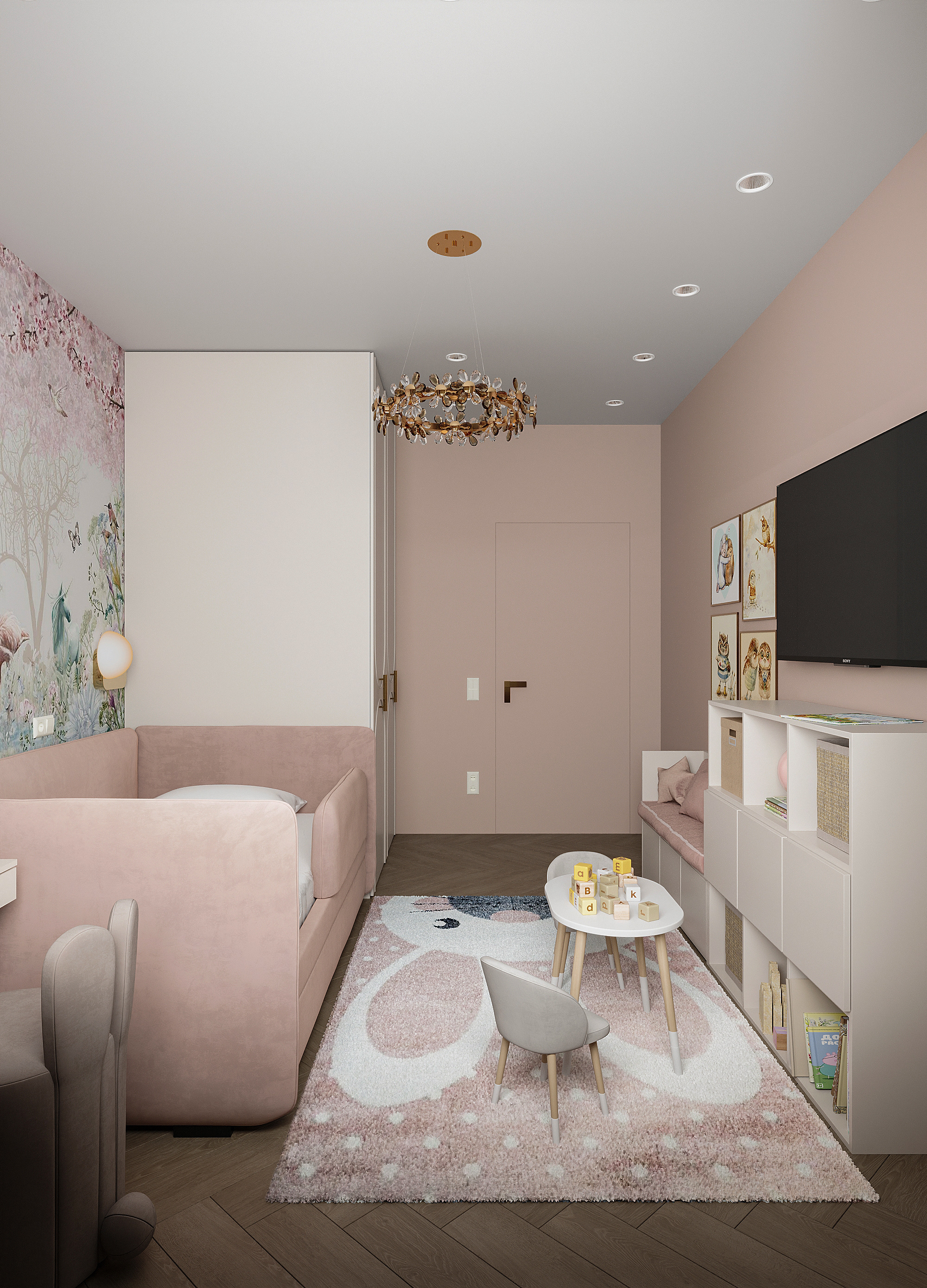 Детская для девочки в персиковых тонах. Современный стиль.