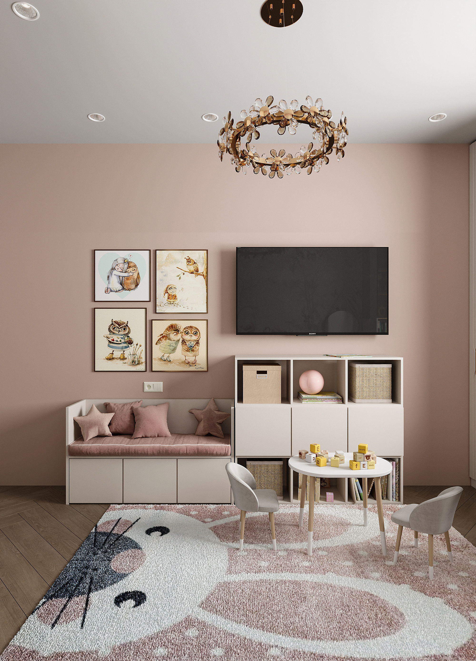 Детская для девочки в персиковых тонах. Современный стиль.