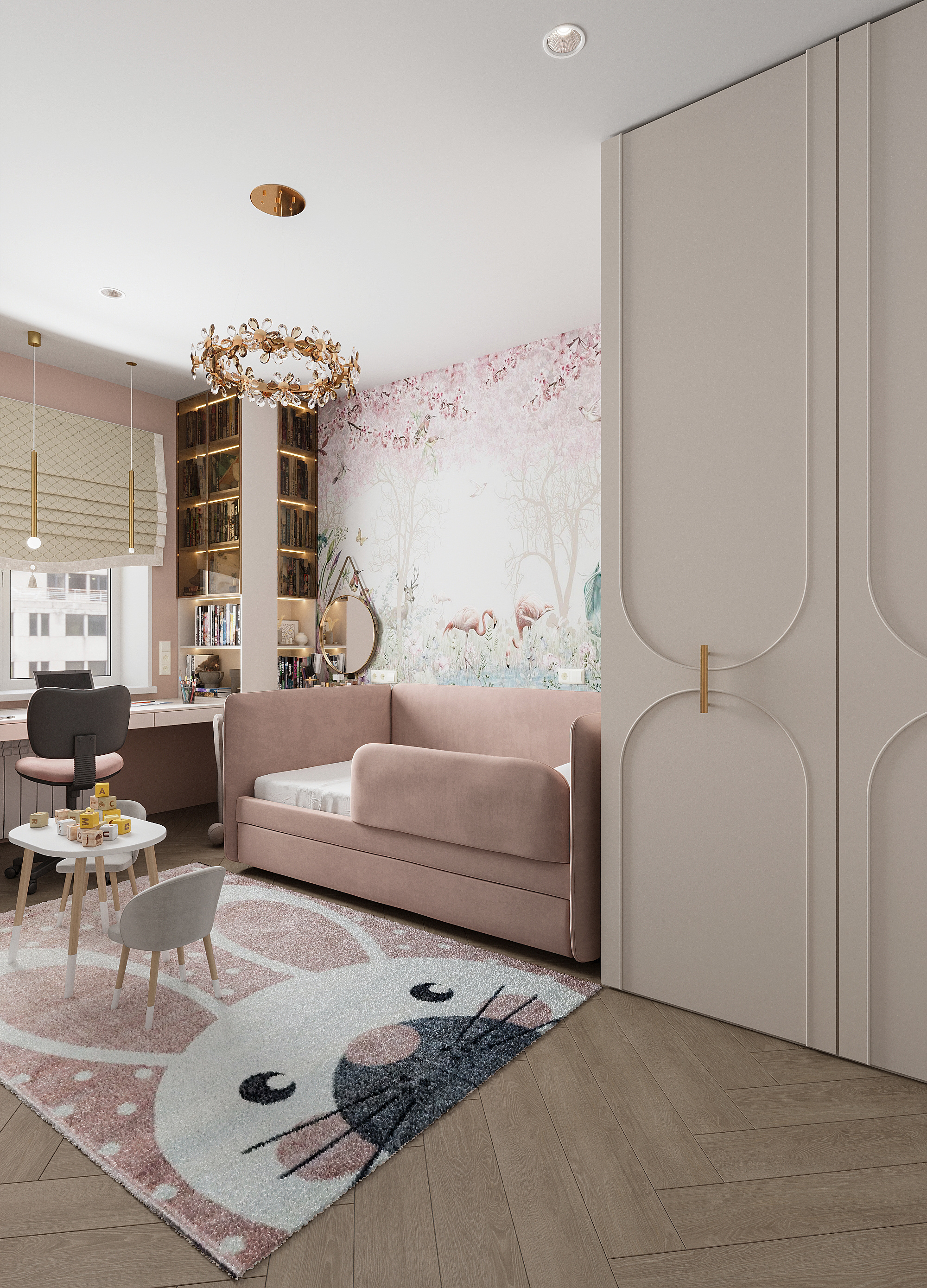 Детская для девочки в персиковых тонах. Современный стиль.