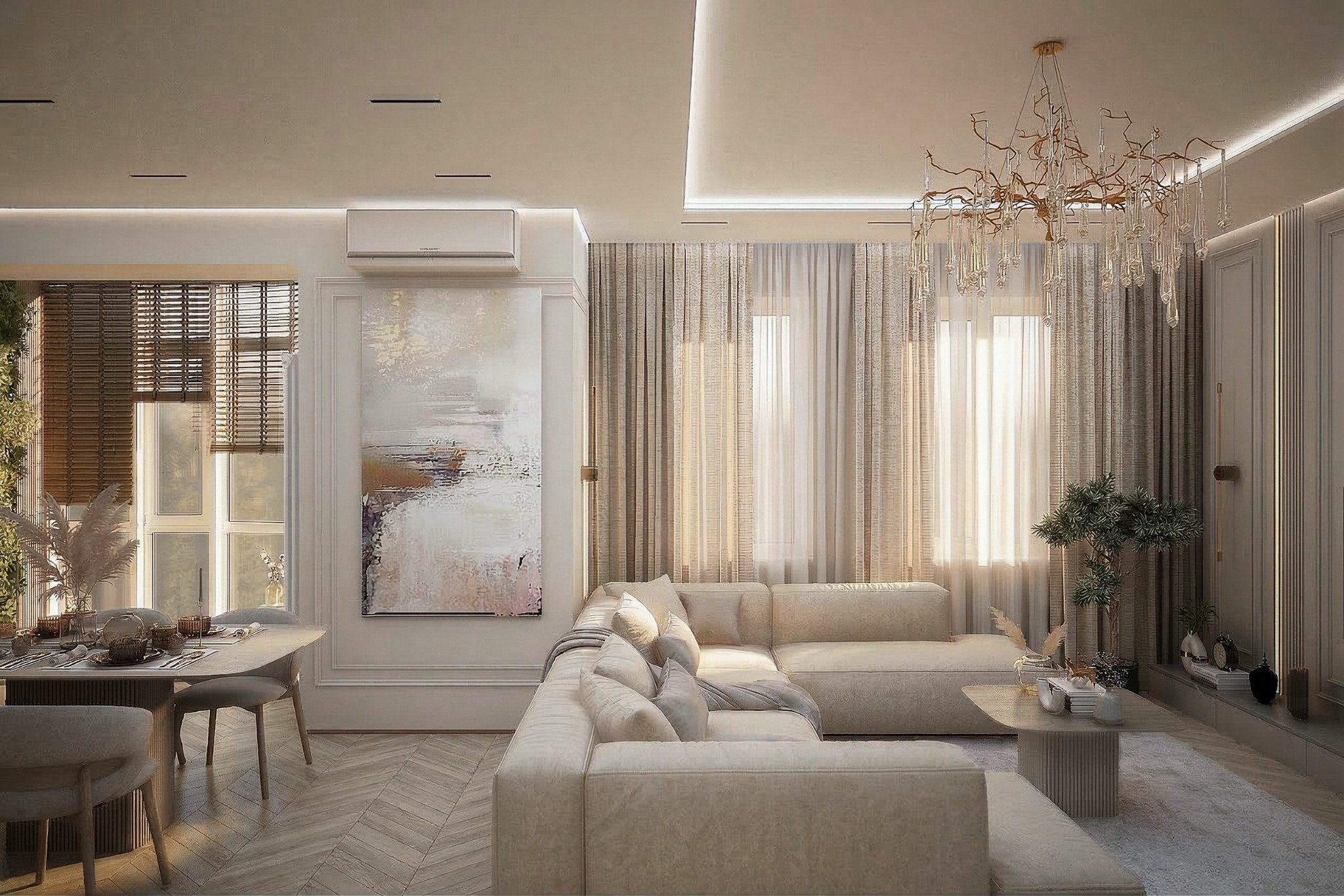 Мягкая зона у окон в кухне-гостиной