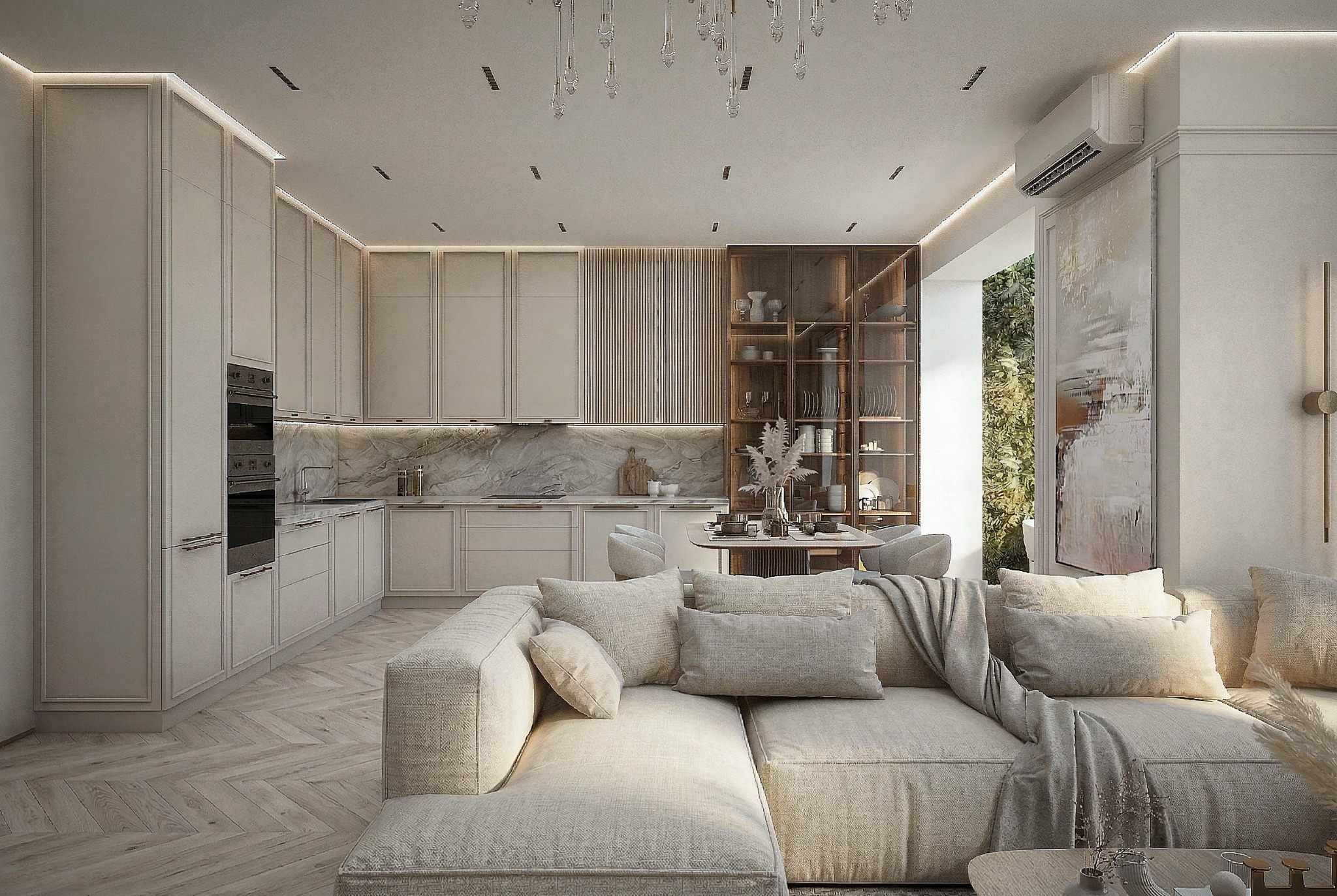 Общий вид кухни-гостиной с кухней, столовой и зоной отдыха
