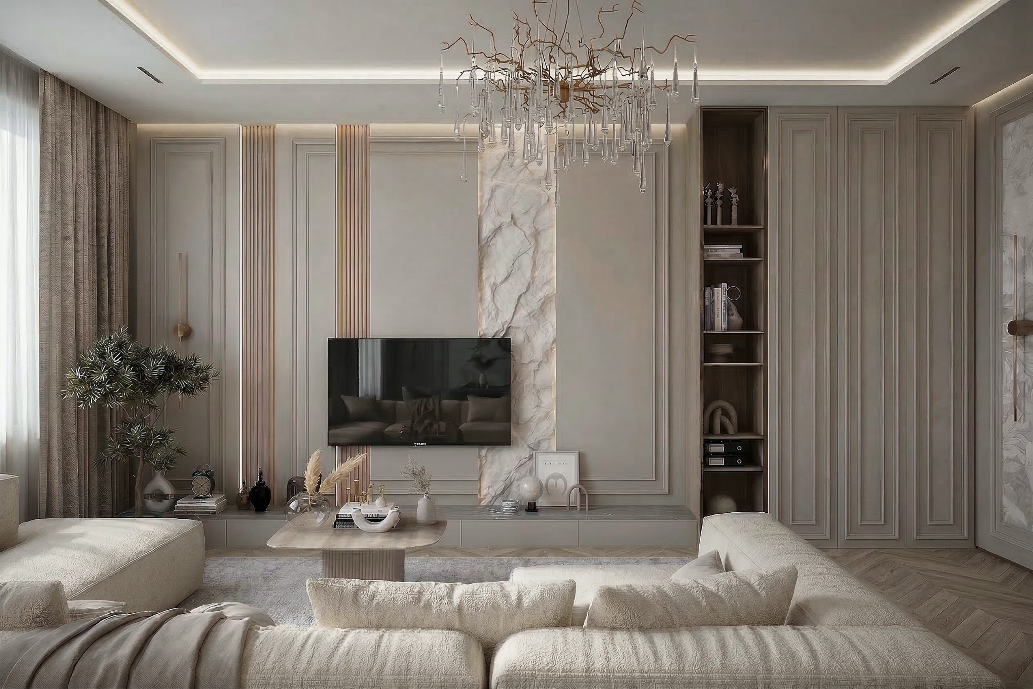 ТВ-зона со встроенным хранением в кухне-гостиной