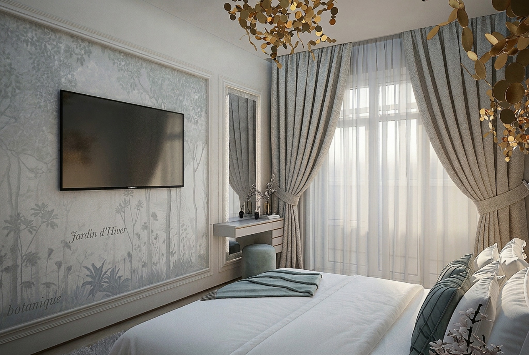 ТВ-зона и консоль у окна в спальне