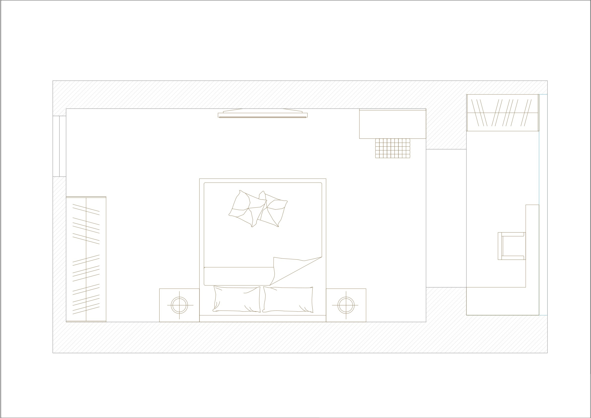 План спальни: кровать, шкаф, ТВ-зона и консоль у окна