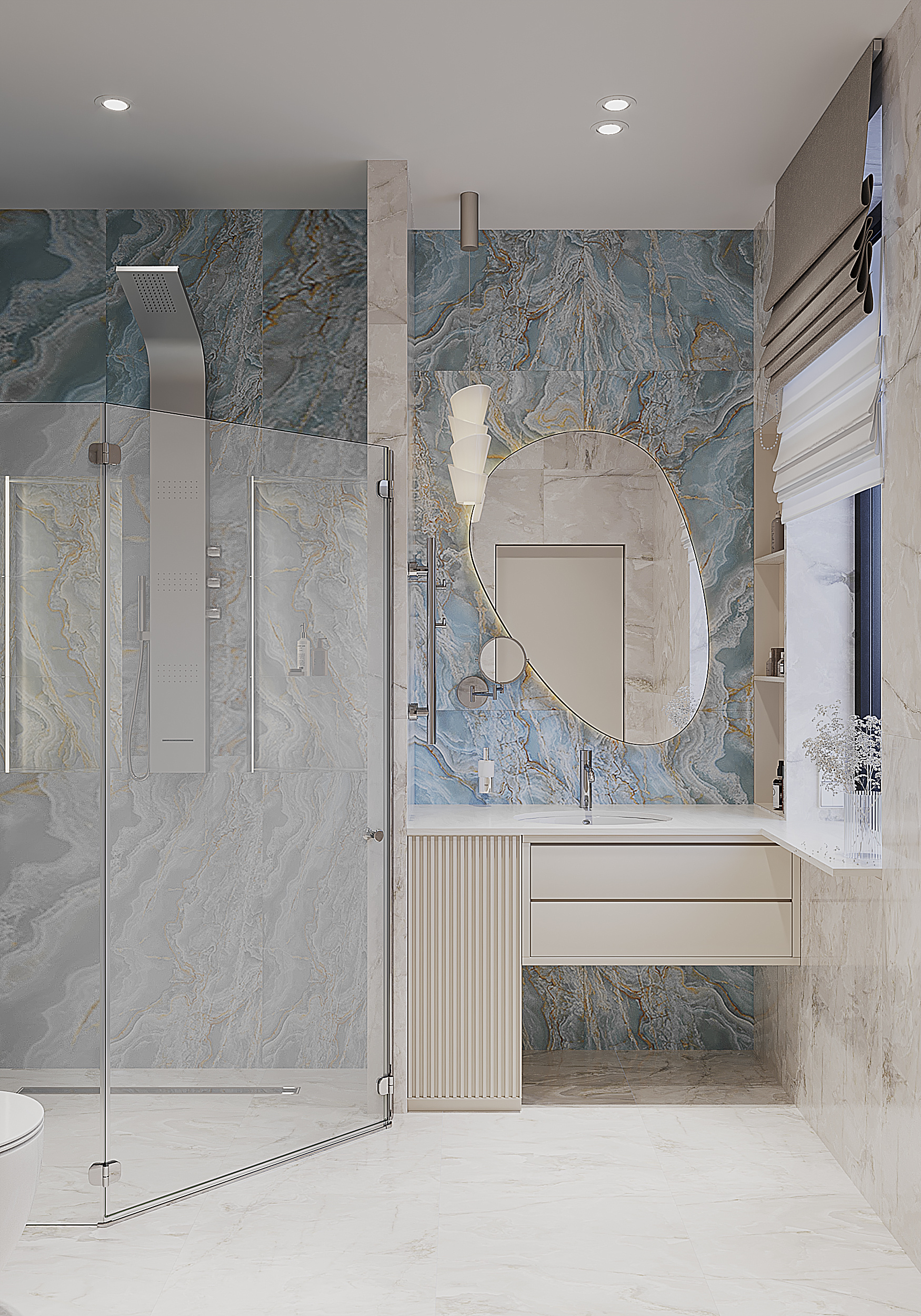 Душевая в голубых оттенках.