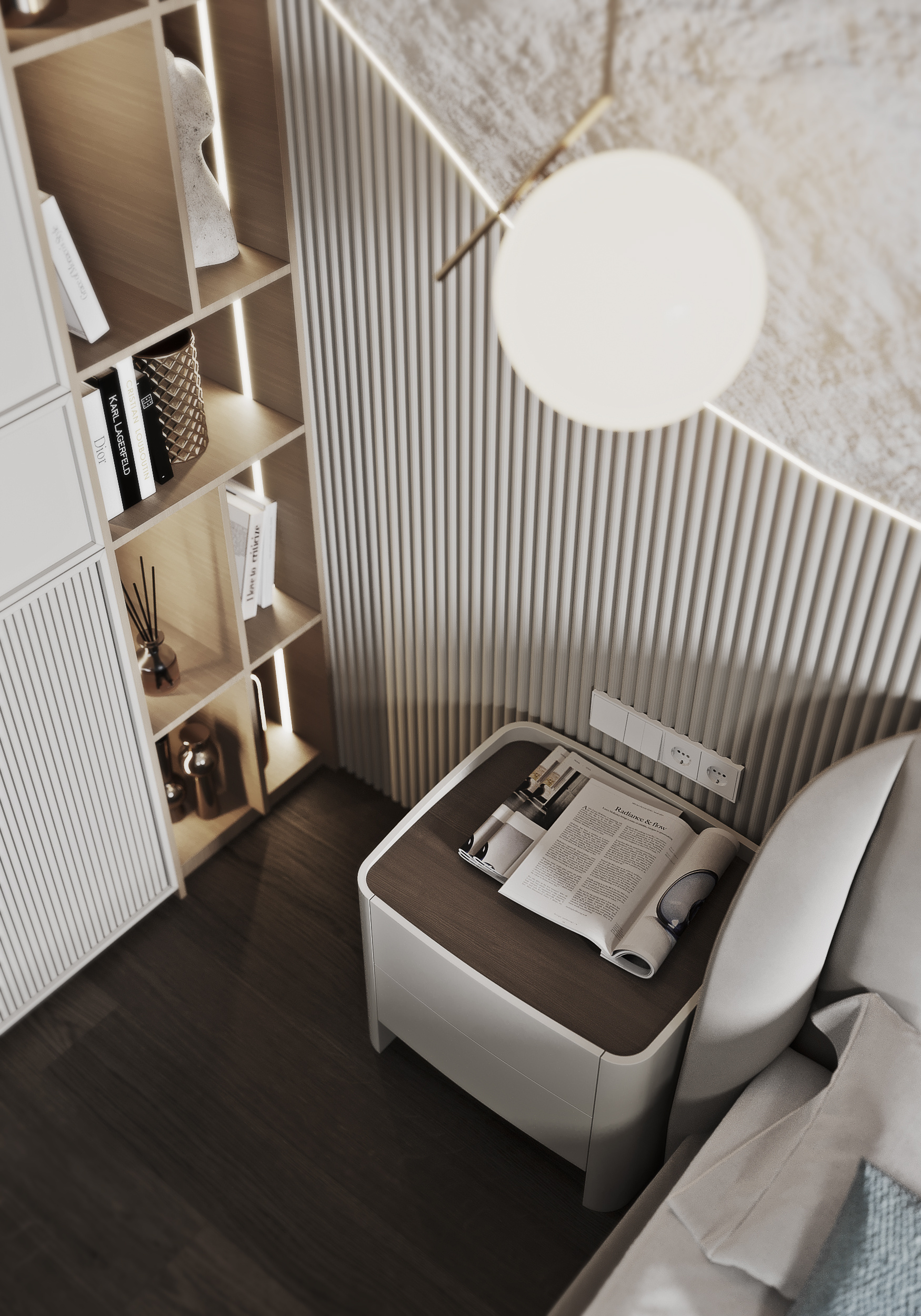 Спальня с гардеробной в загородном доме.