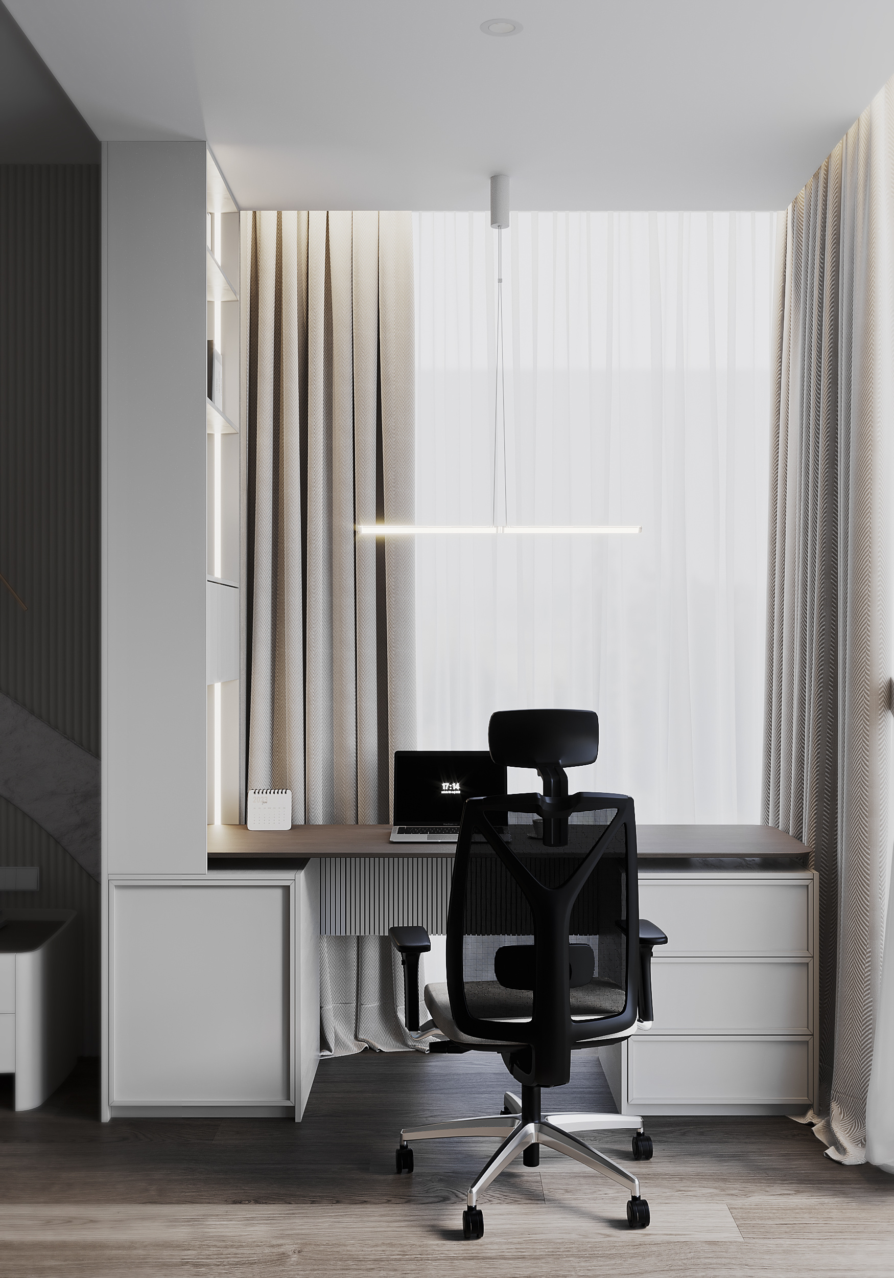 Спальня с гардеробной в загородном доме.