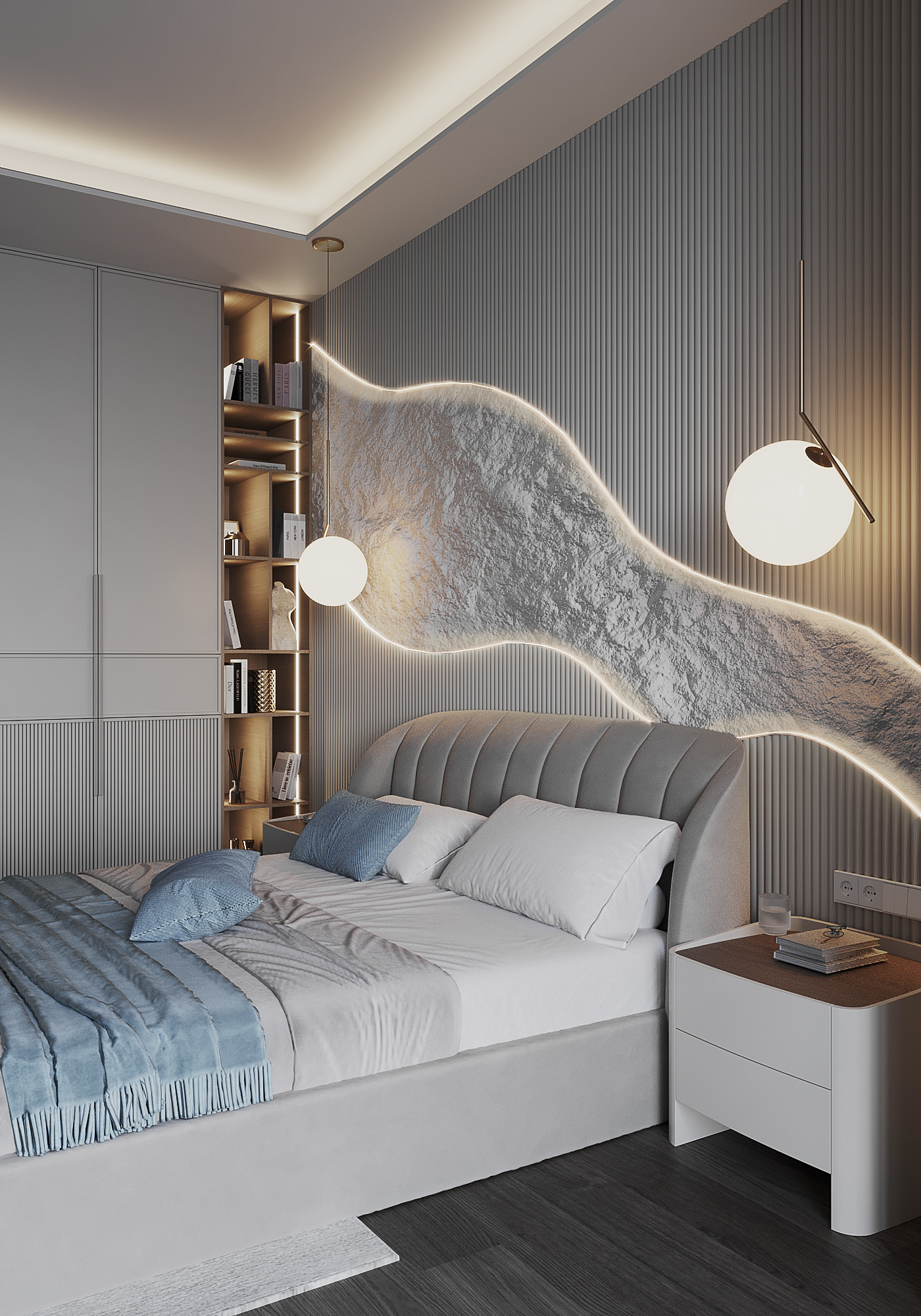 Спальня с гардеробной в загородном доме.