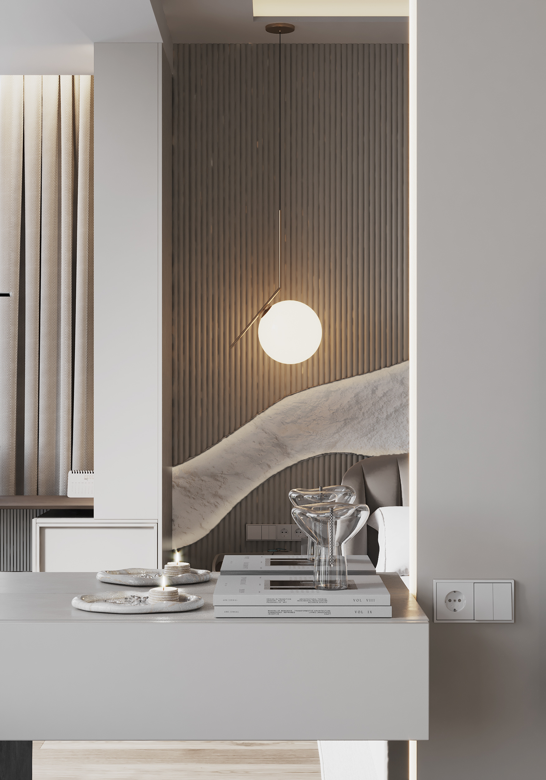 Спальня с гардеробной в загородном доме.