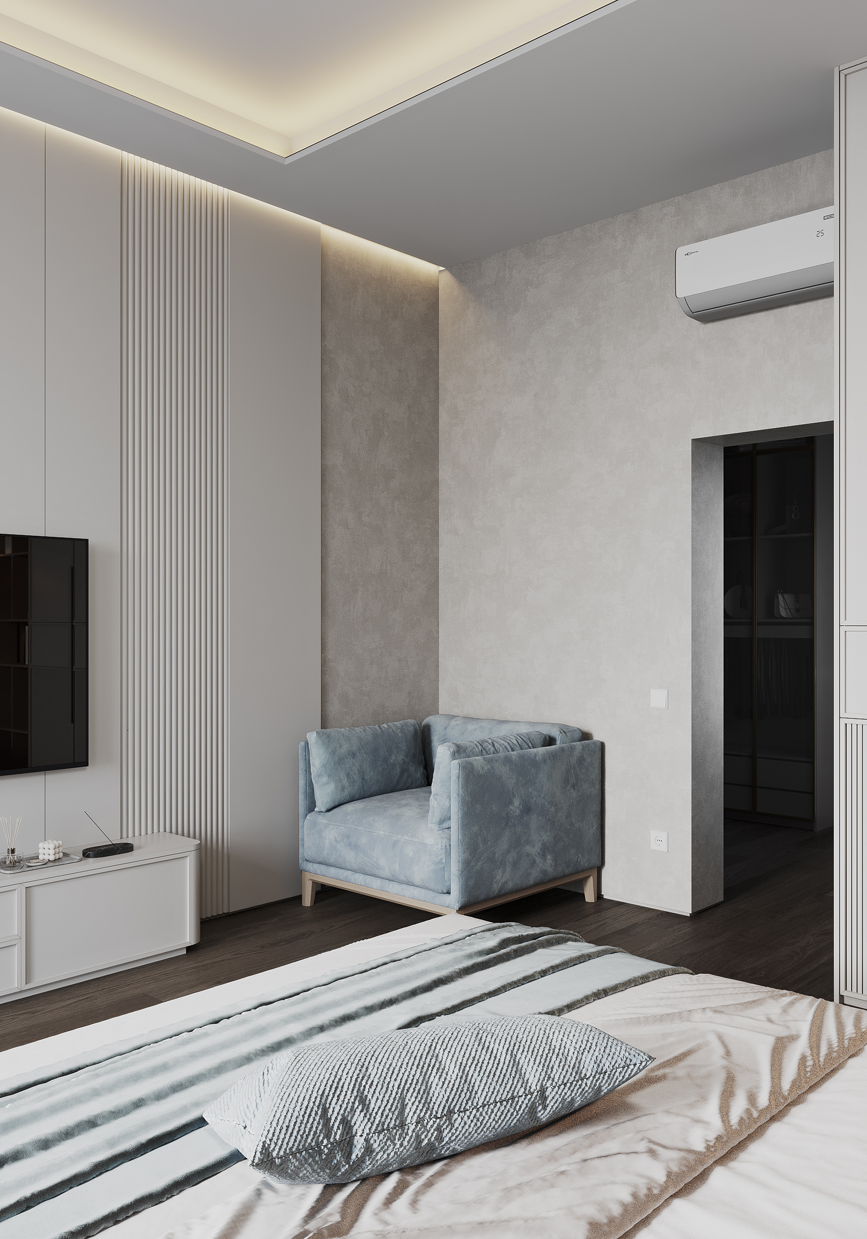 Спальня с гардеробной в загородном доме.