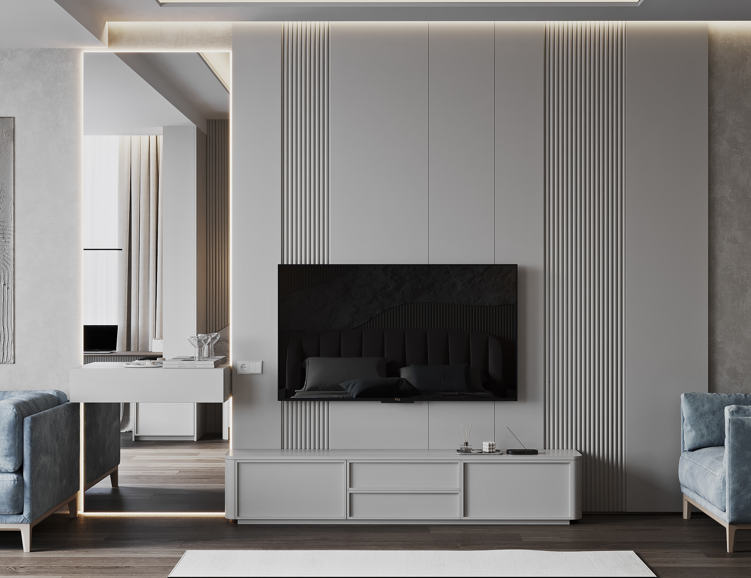 Спальня с гардеробной в загородном доме.