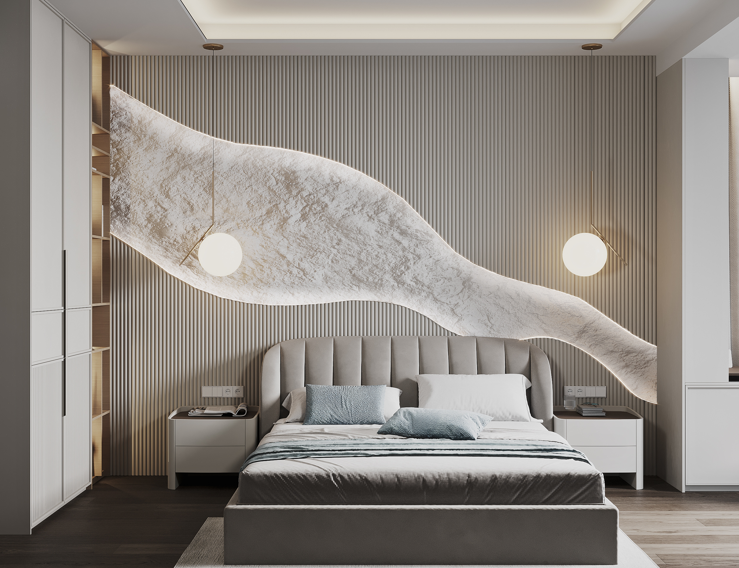 Спальня с гардеробной в загородном доме.