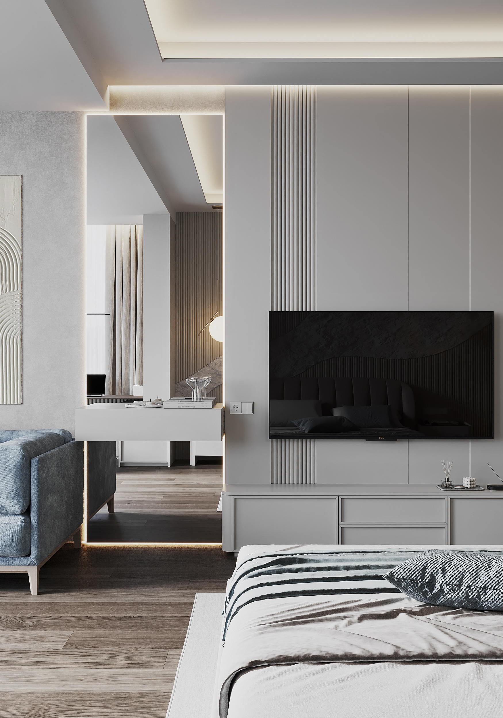 Спальня с гардеробной в загородном доме.