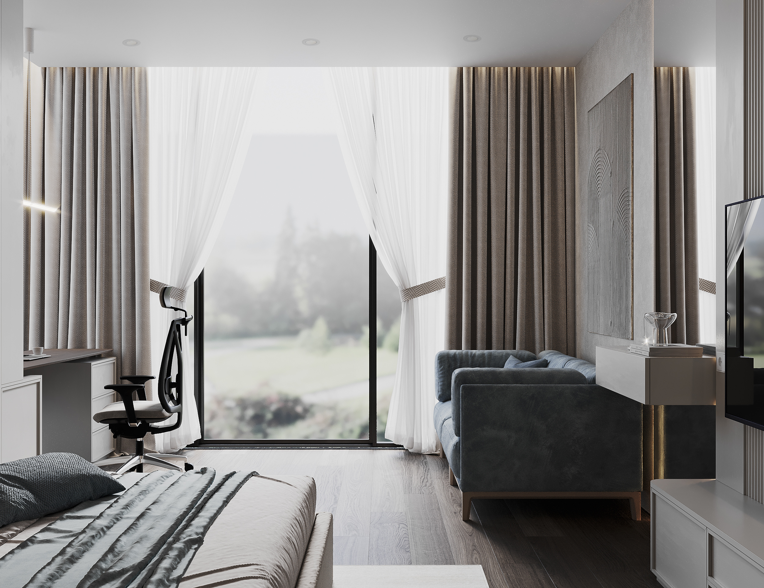 Спальня с гардеробной в загородном доме.