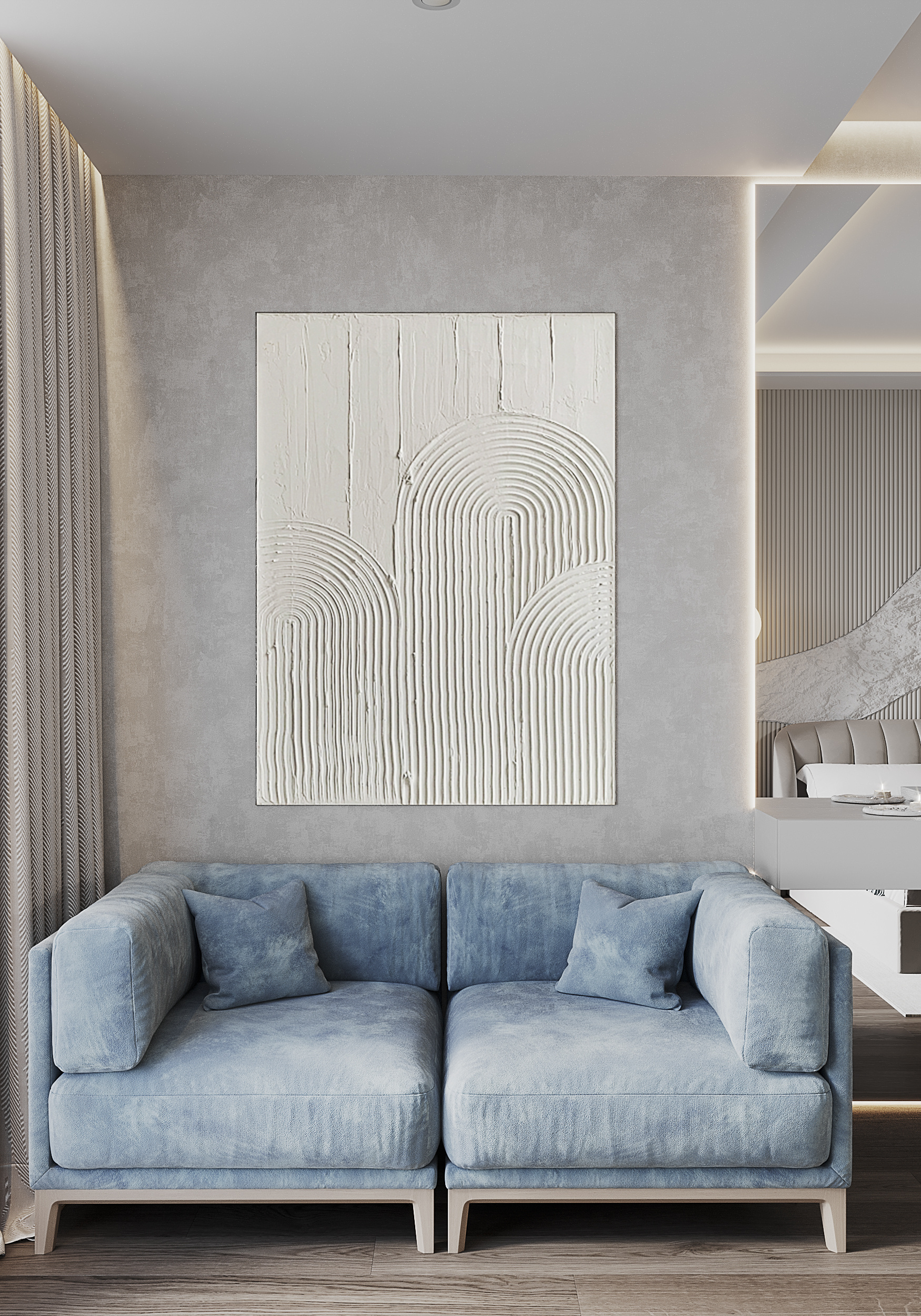 Спальня с гардеробной в загородном доме.