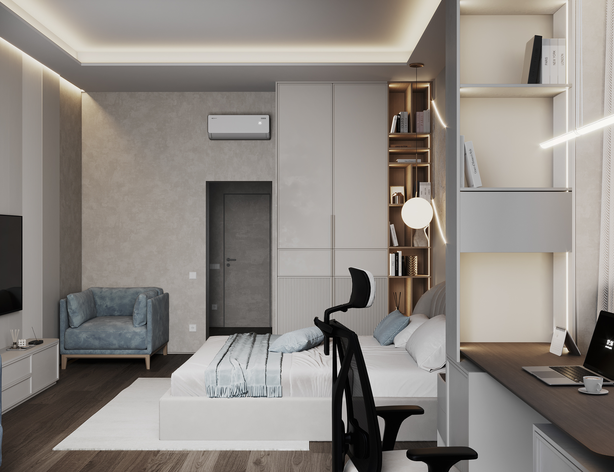 Спальня с гардеробной в загородном доме.