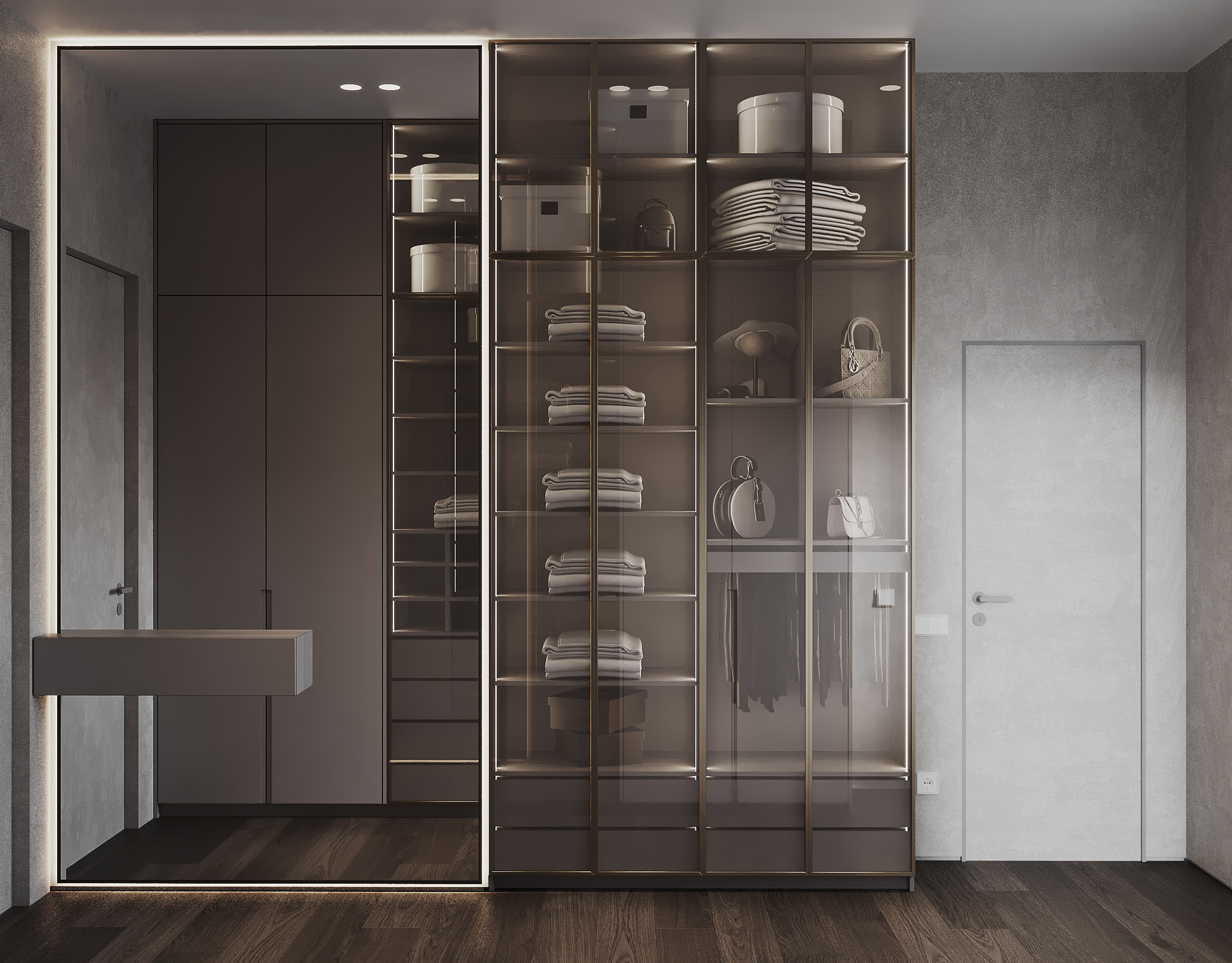 Спальня с гардеробной в загородном доме.