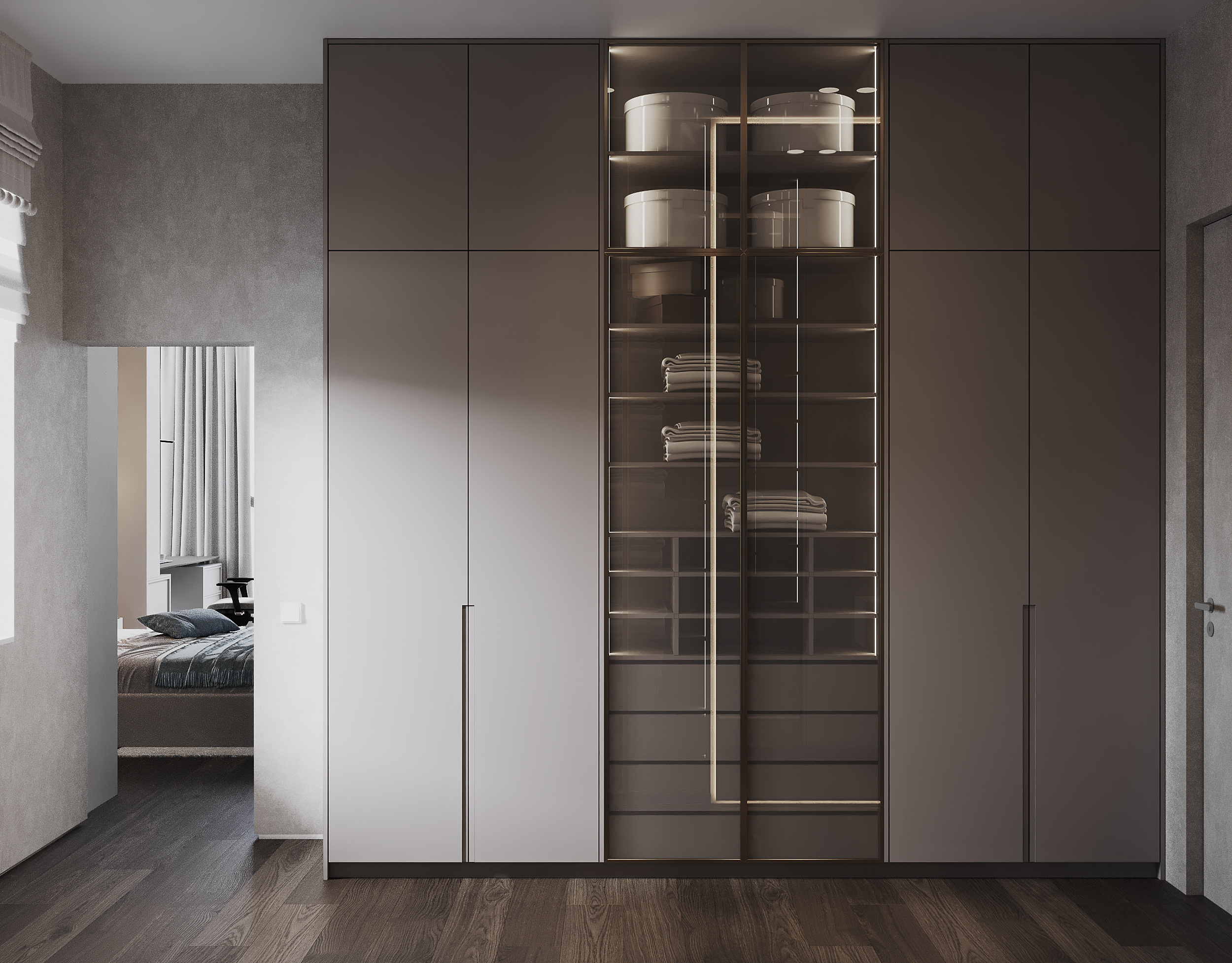 Спальня с гардеробной в загородном доме.