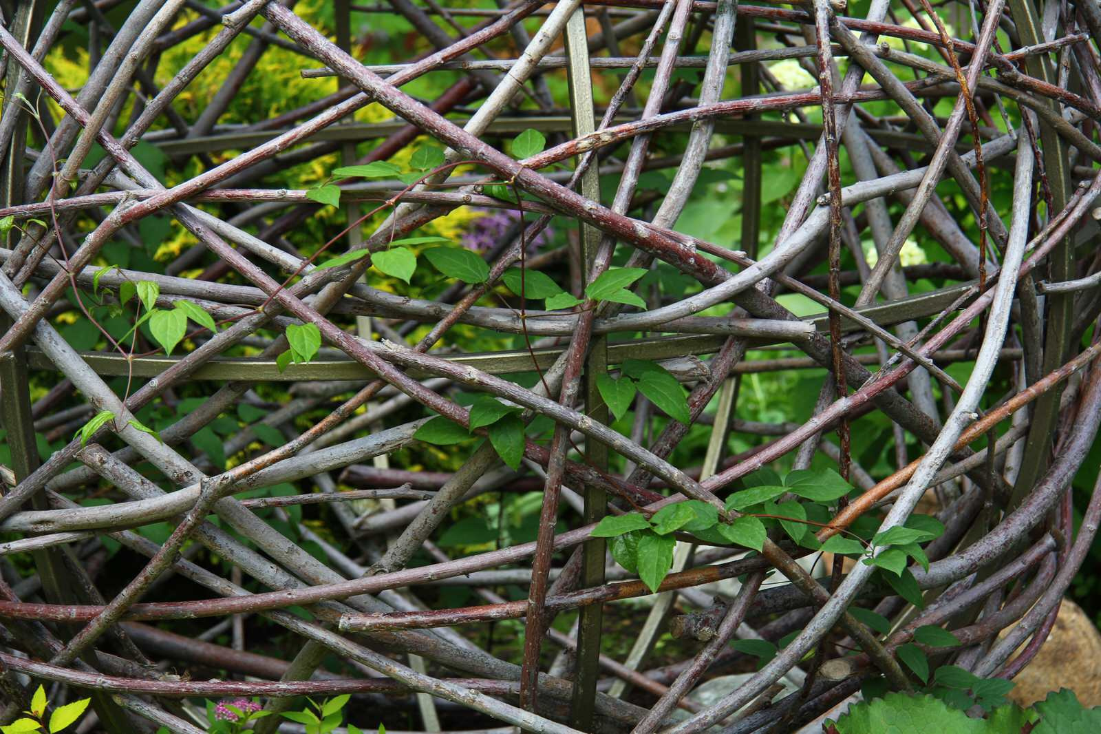 Modern house with a big flowerbad with a sphere