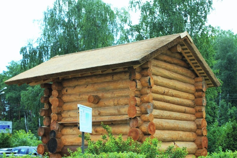 ВЫСТАВОЧНЫЙ ДОМИК ИЗ РУБЛЕННОЙ ЛИСТВЕННИЦЫ С КРЫШЕЙ ИЗ КАМЫША.