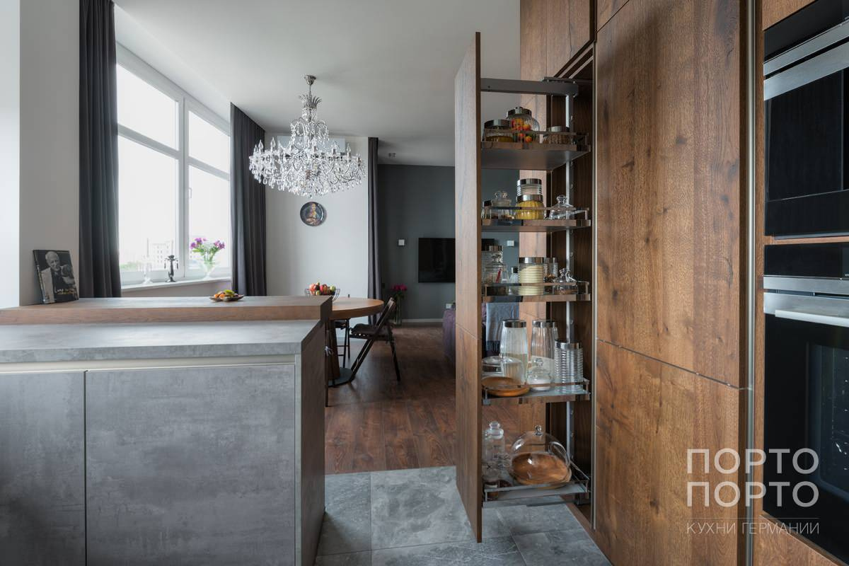 Кухня в современном стиле под бетон со шпоном