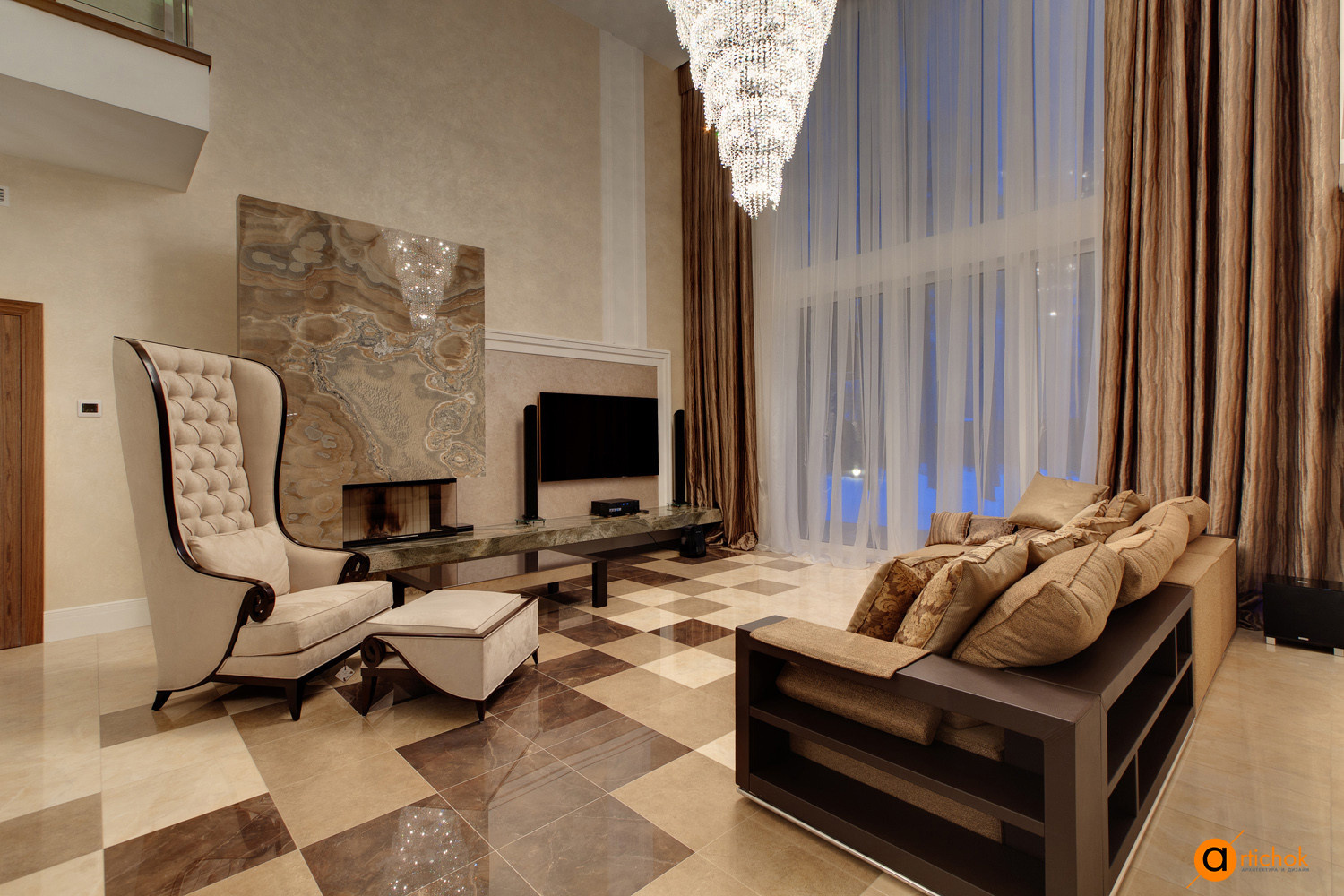 Премиальный дизайн гостиной в стиле неоклассика и минимализм