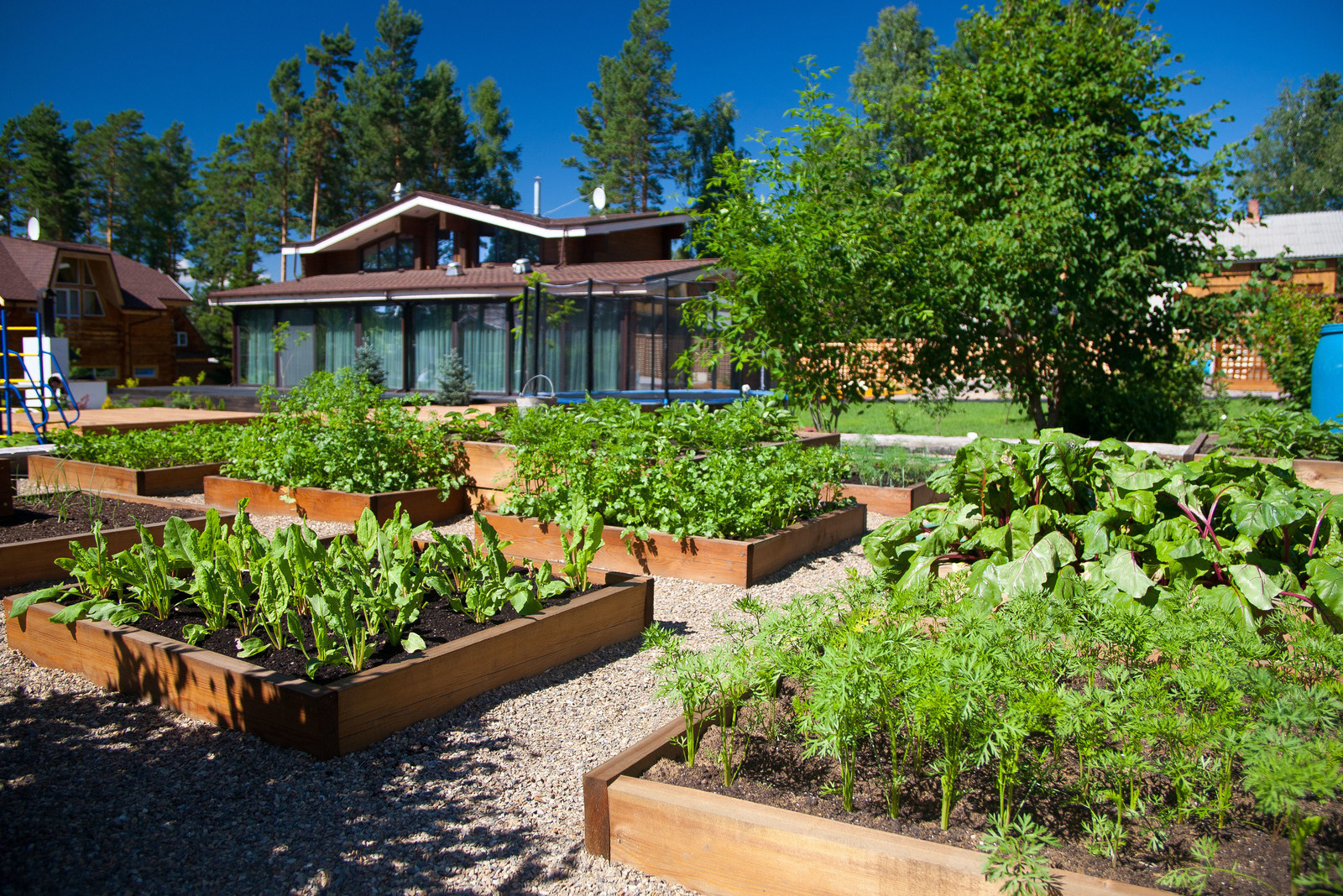 большой участок с многоуровневым настилом и водоемом