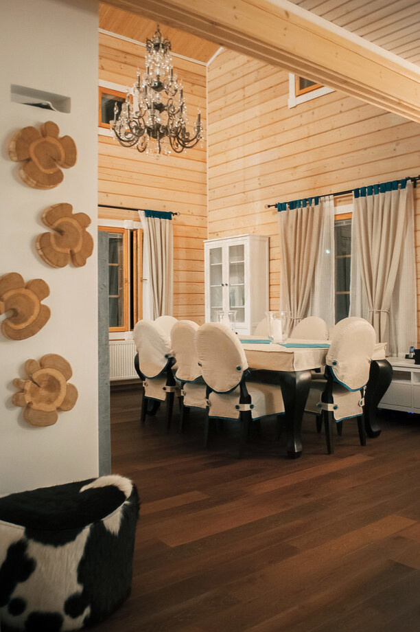 Дизайн интерьера гостиной в деревянном доме.