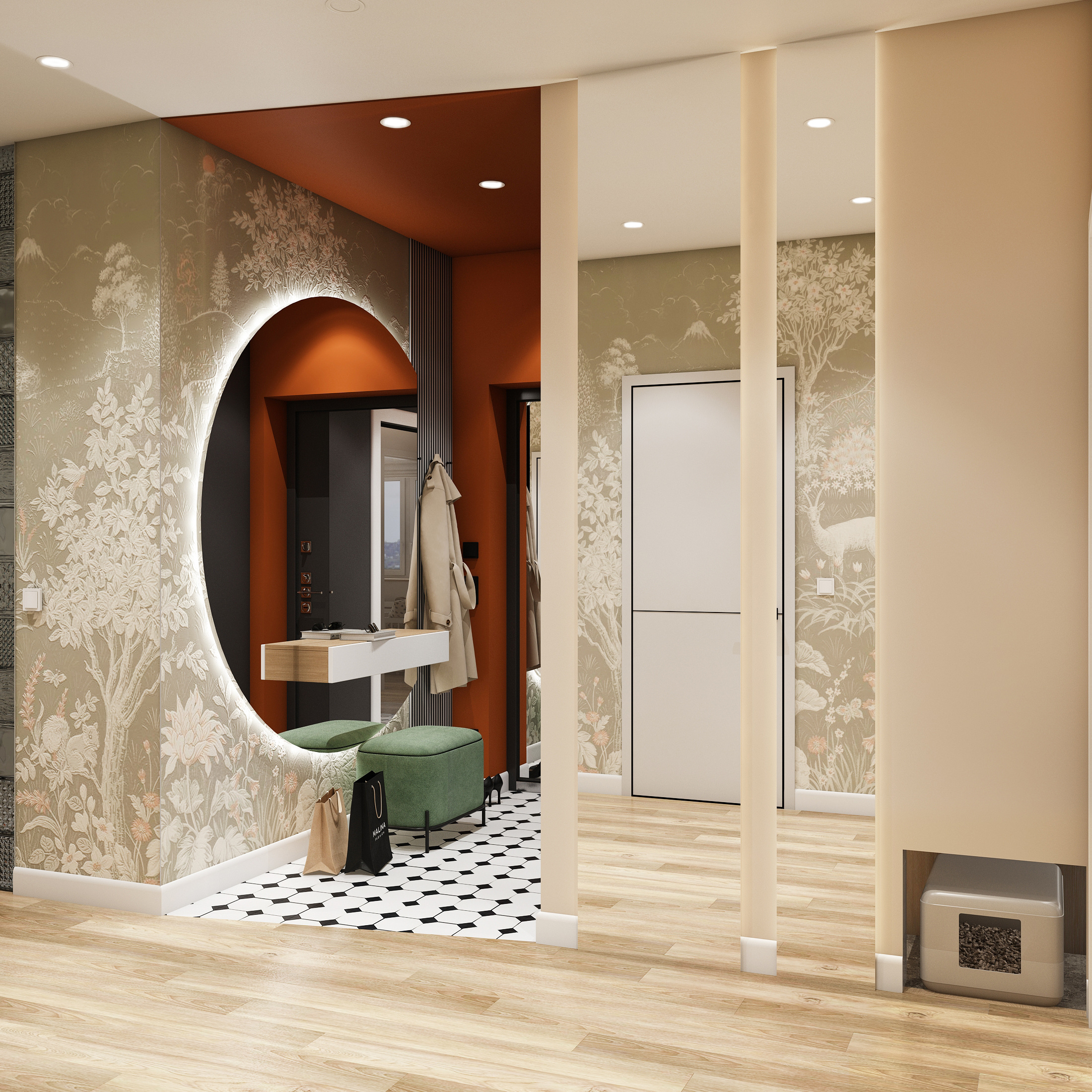 Яркая акцентная прихожая в ЖК Первый на Правом