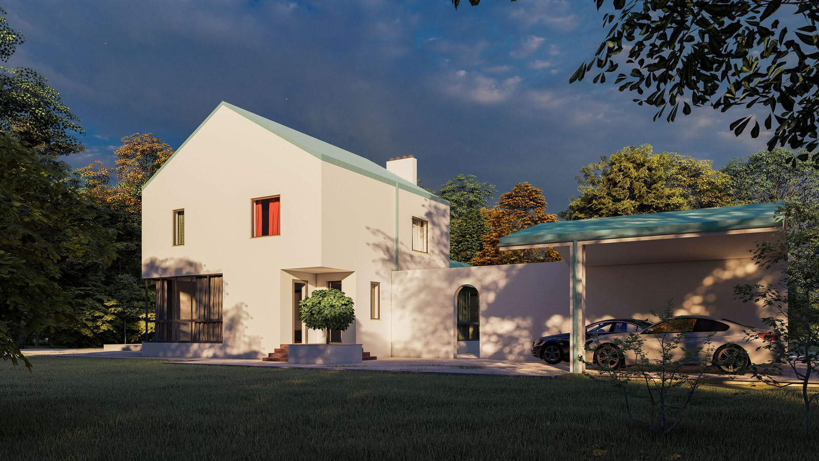 Загородный дом с остекленной терассой и гаражом.