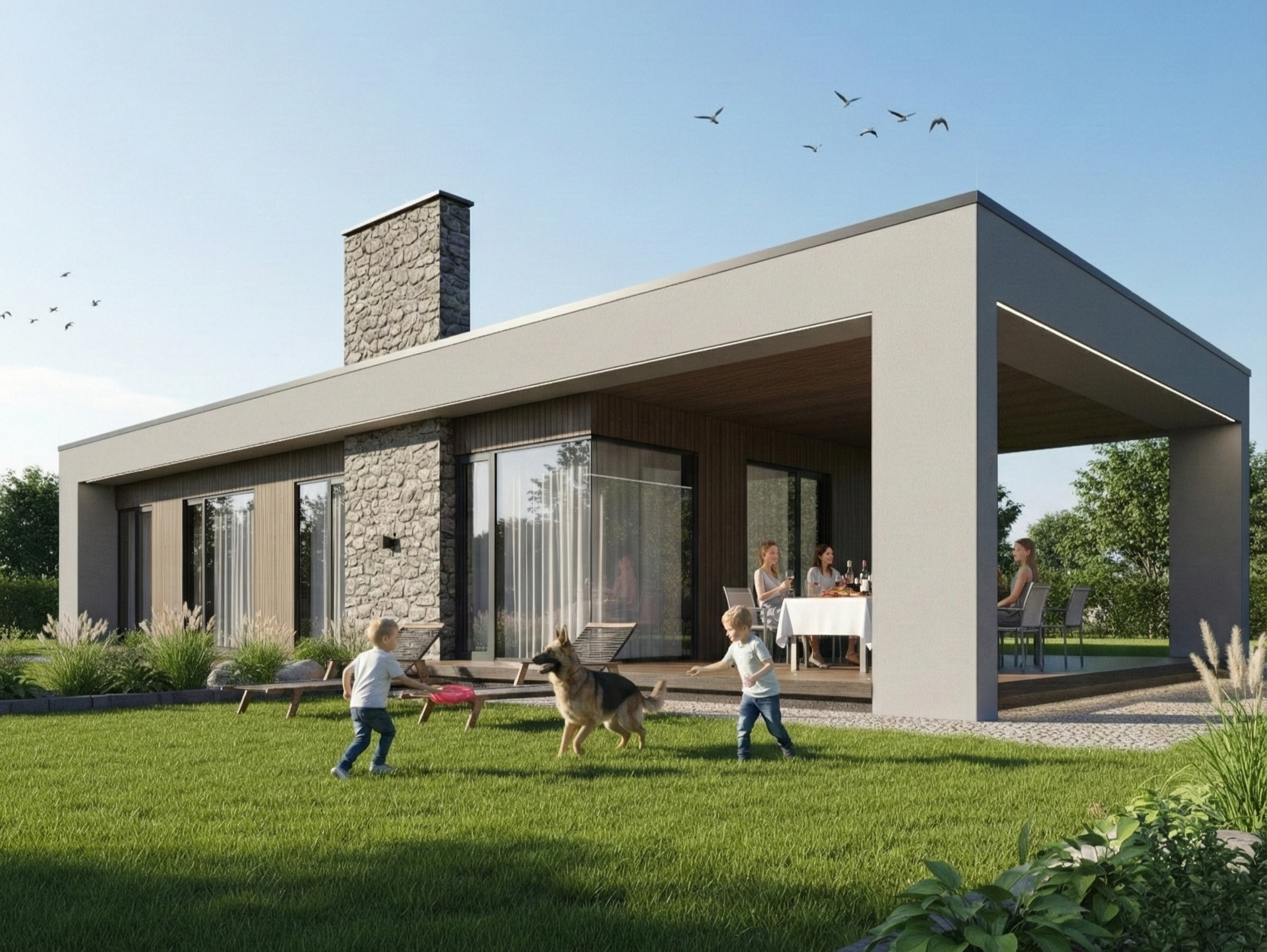 Обложка проекта: Одноэтажный минималистичный дом площадью 100 кв. м