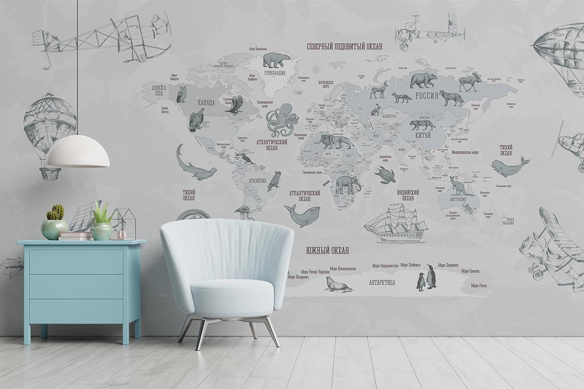 Фотообои Карта мира Ретро светло-голубая