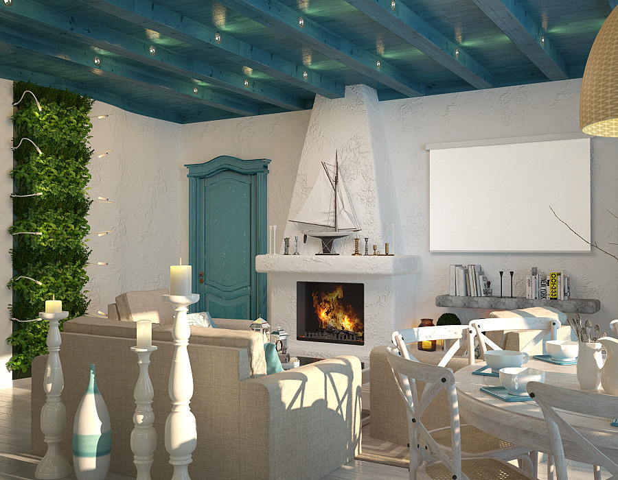 Light blue color in bedroom and living room design