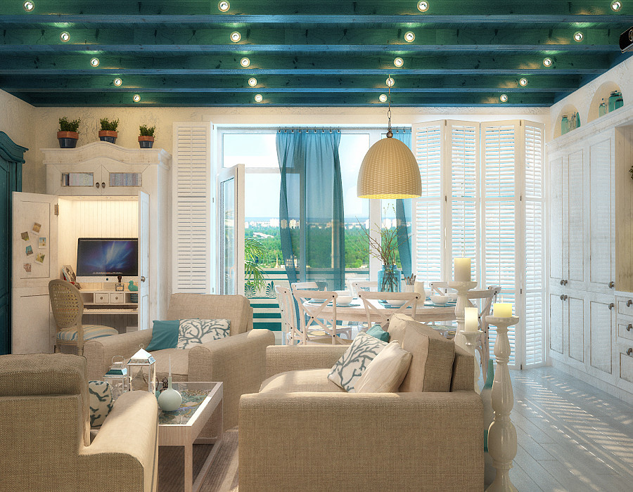 Light blue color in bedroom and living room design