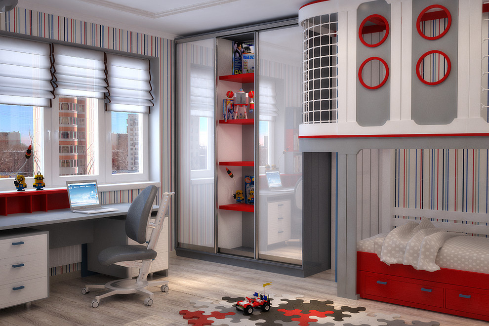 Sportive kids room for 2 children in blue and red - 3D vizualization