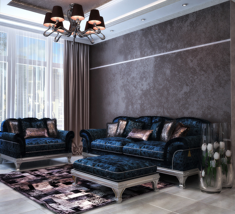 Deep blue and black in kitchen and living room
