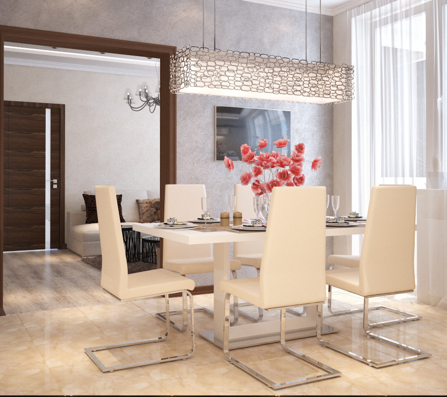 Cream and chocolate colors in living room and kitchen design