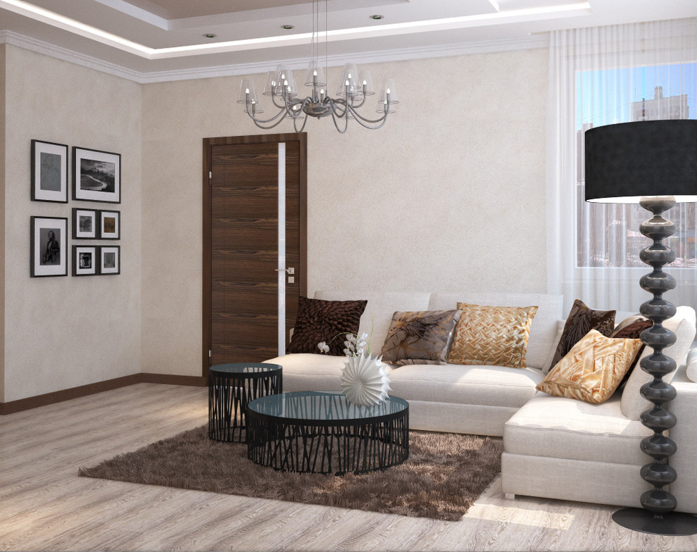 Cream and chocolate colors in living room and kitchen design