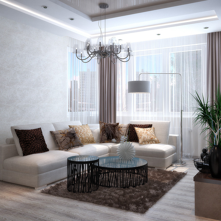 Cream and chocolate colors in living room and kitchen design
