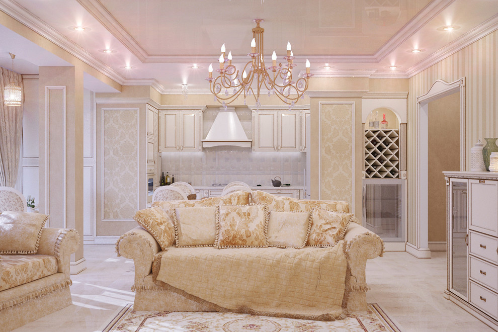 Gold and creamy traditional living room and kitchen