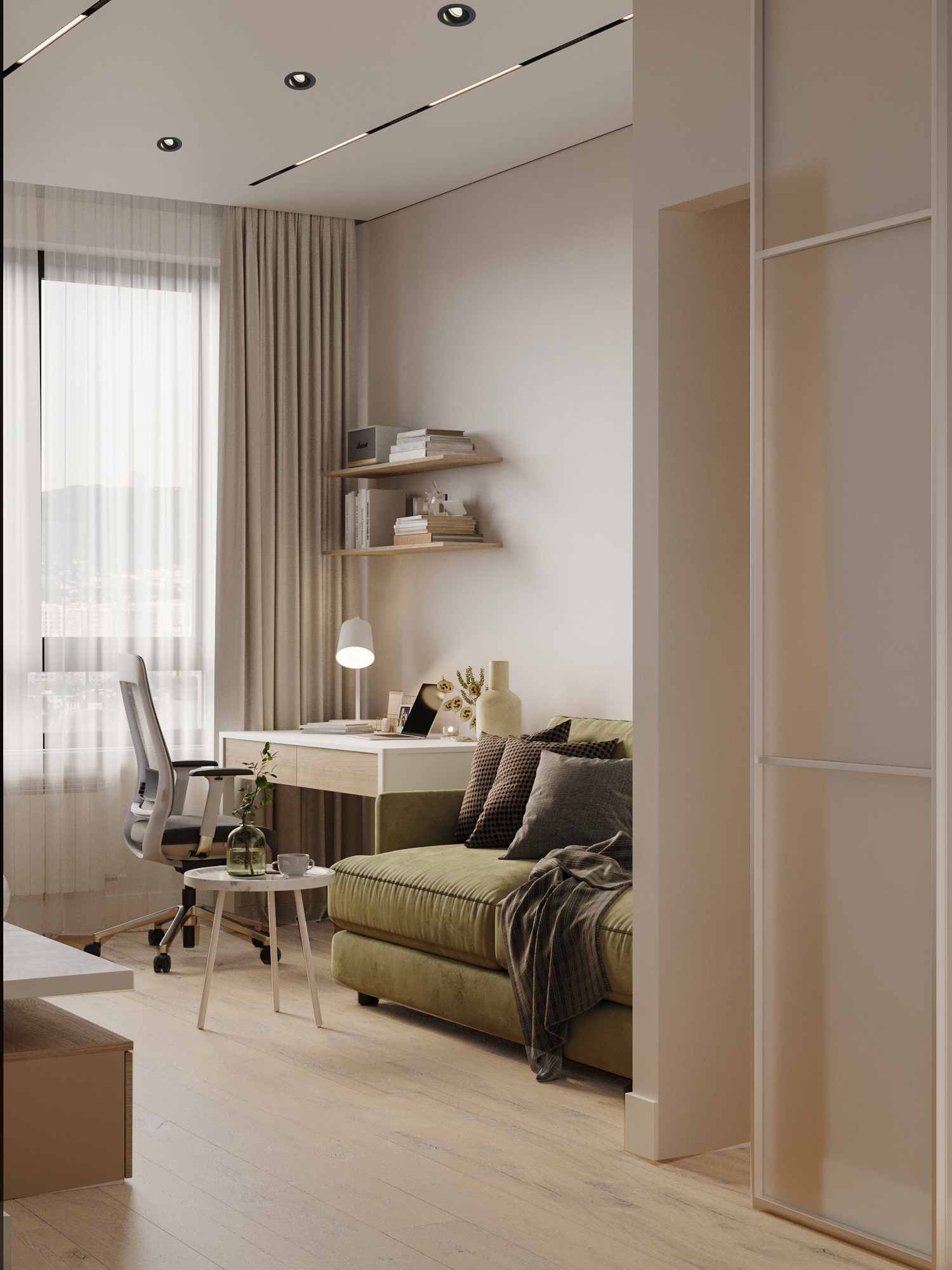 Минималистичный дизайн маленькой квартиры 54 м² для семьи с ребёнком в Москве