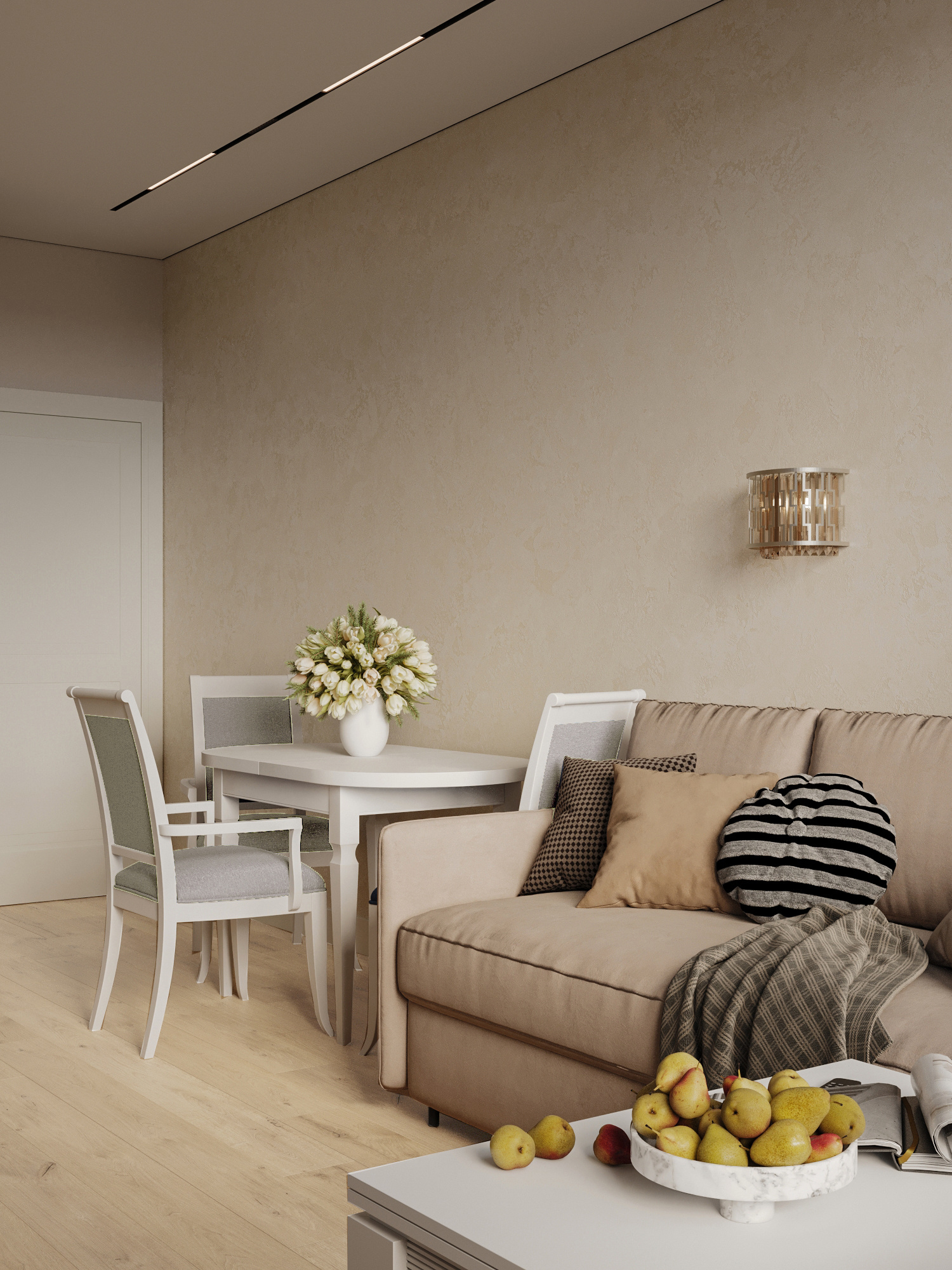 Минималистичный дизайн маленькой квартиры 54 м² для семьи с ребёнком в Москве