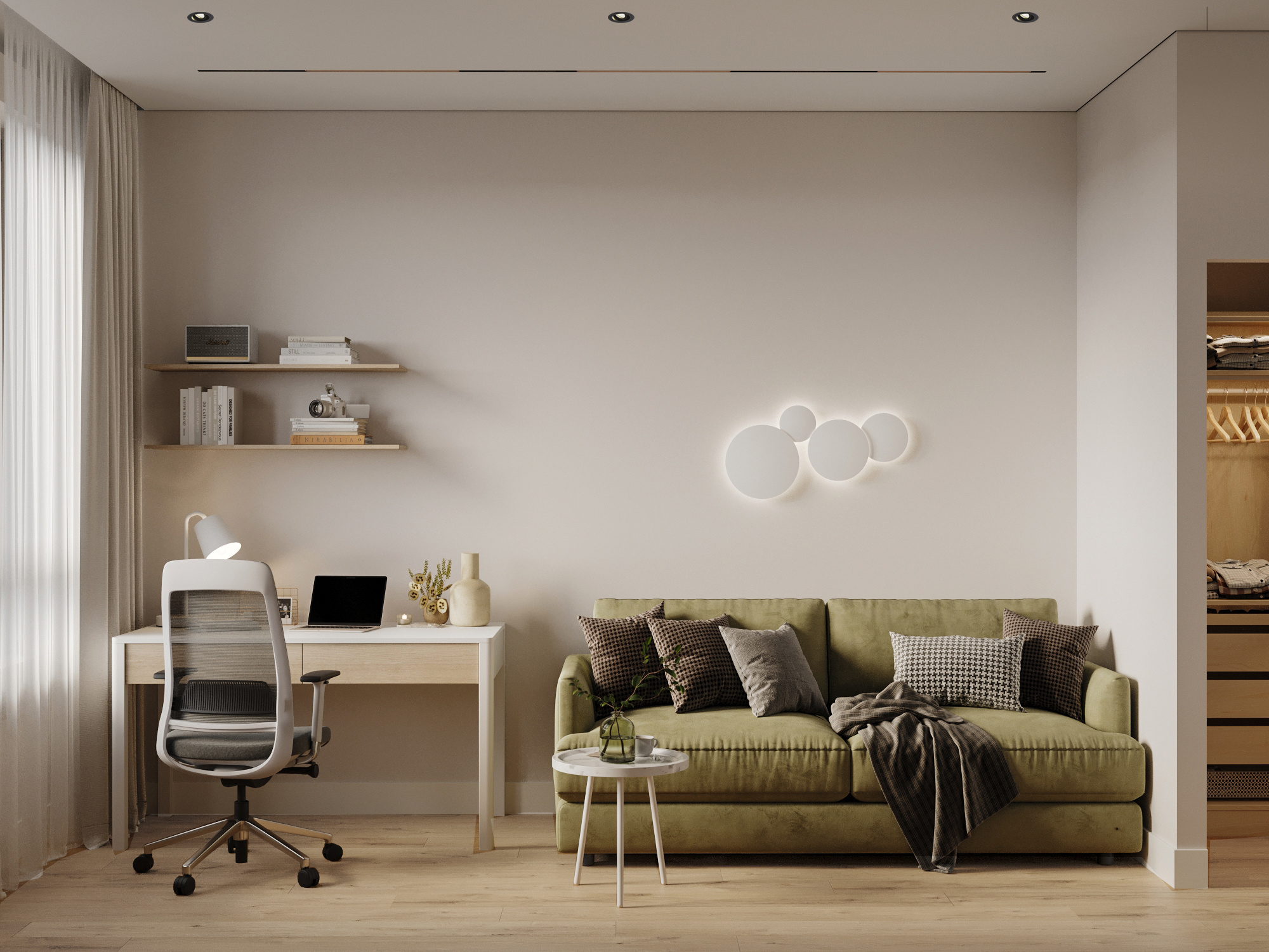 Минималистичный дизайн маленькой квартиры 54 м² для семьи с ребёнком в Москве