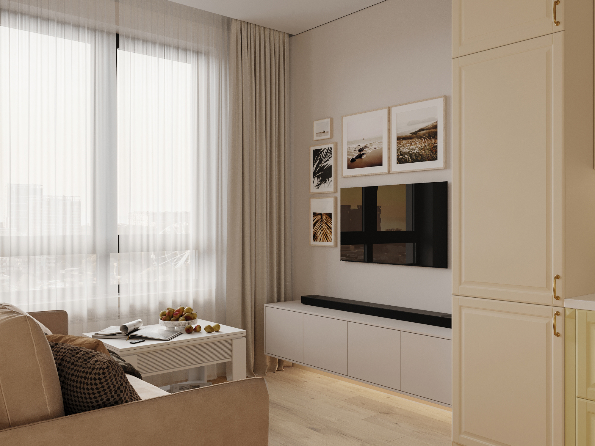 Минималистичный дизайн маленькой квартиры 54 м² для семьи с ребёнком в Москве