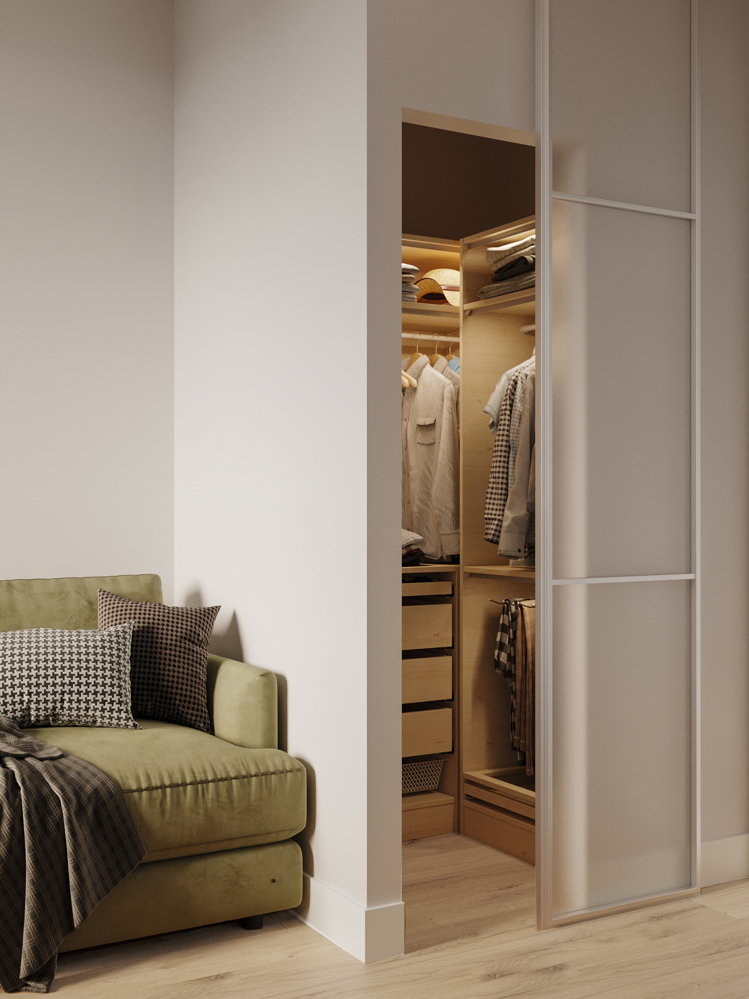 Минималистичный дизайн маленькой квартиры 54 м² для семьи с ребёнком в Москве