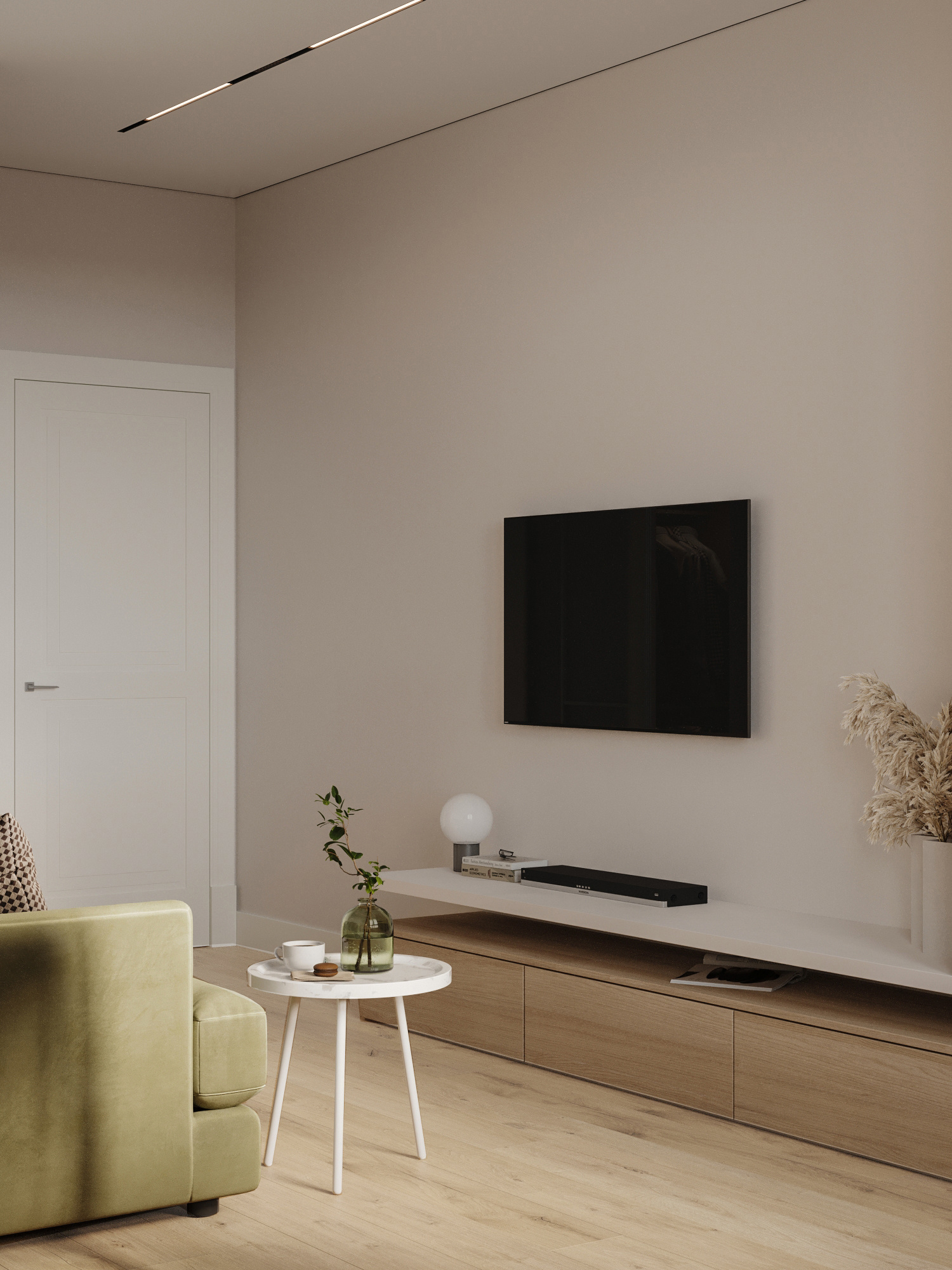 Минималистичный дизайн маленькой квартиры 54 м² для семьи с ребёнком в Москве