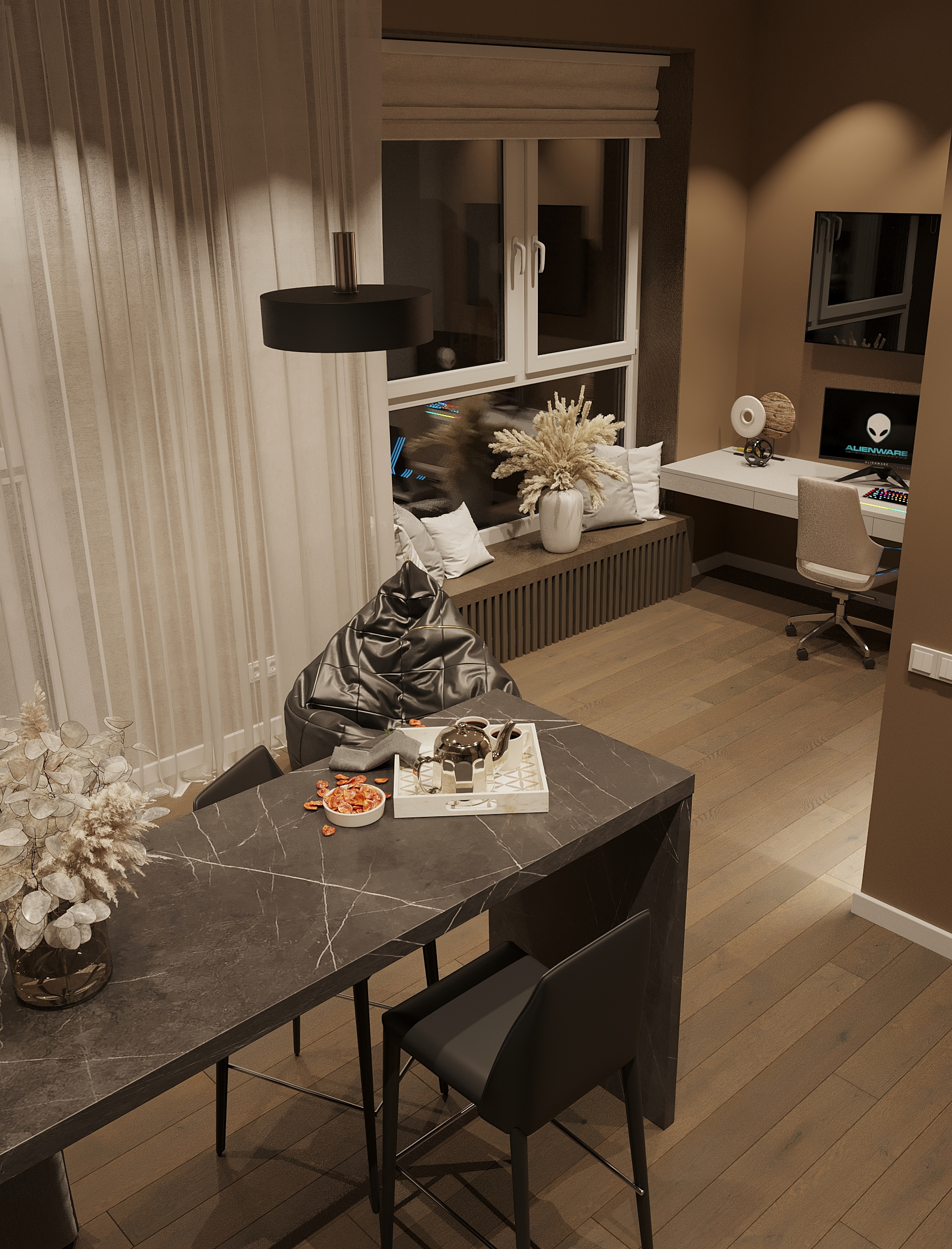 Стильный интерьер квартиры 36 м² для работы из дома в Москве