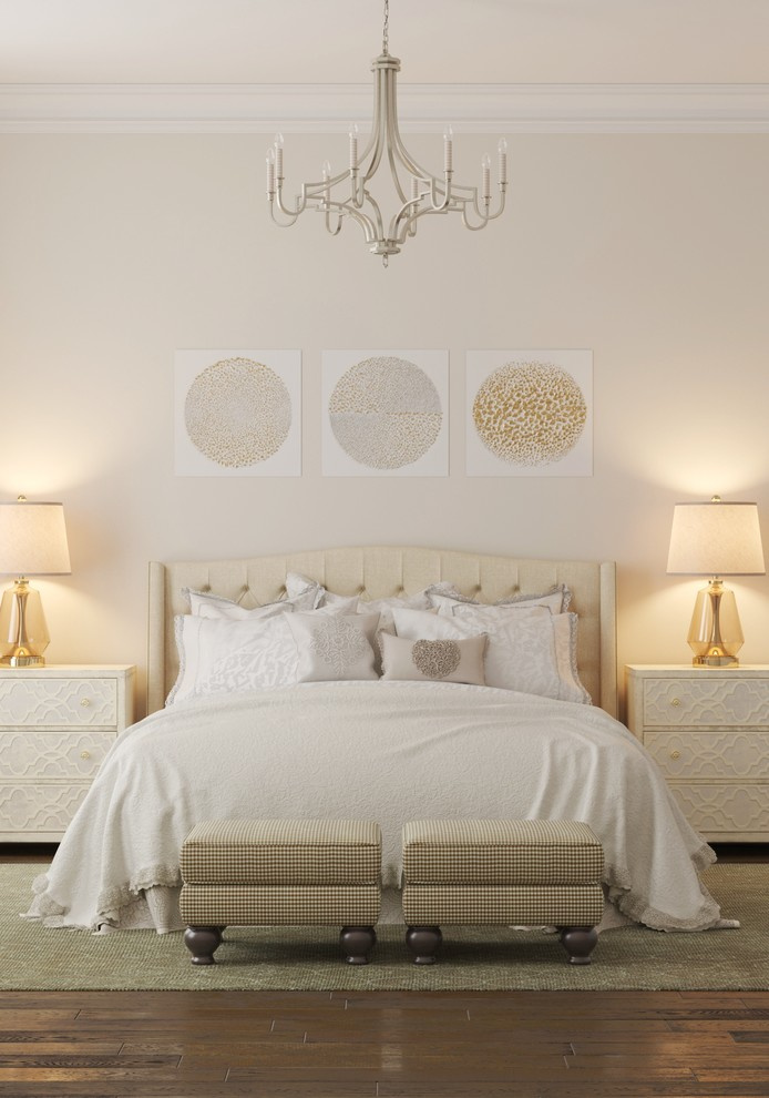 Transitional style beige bedroom with elegant style details